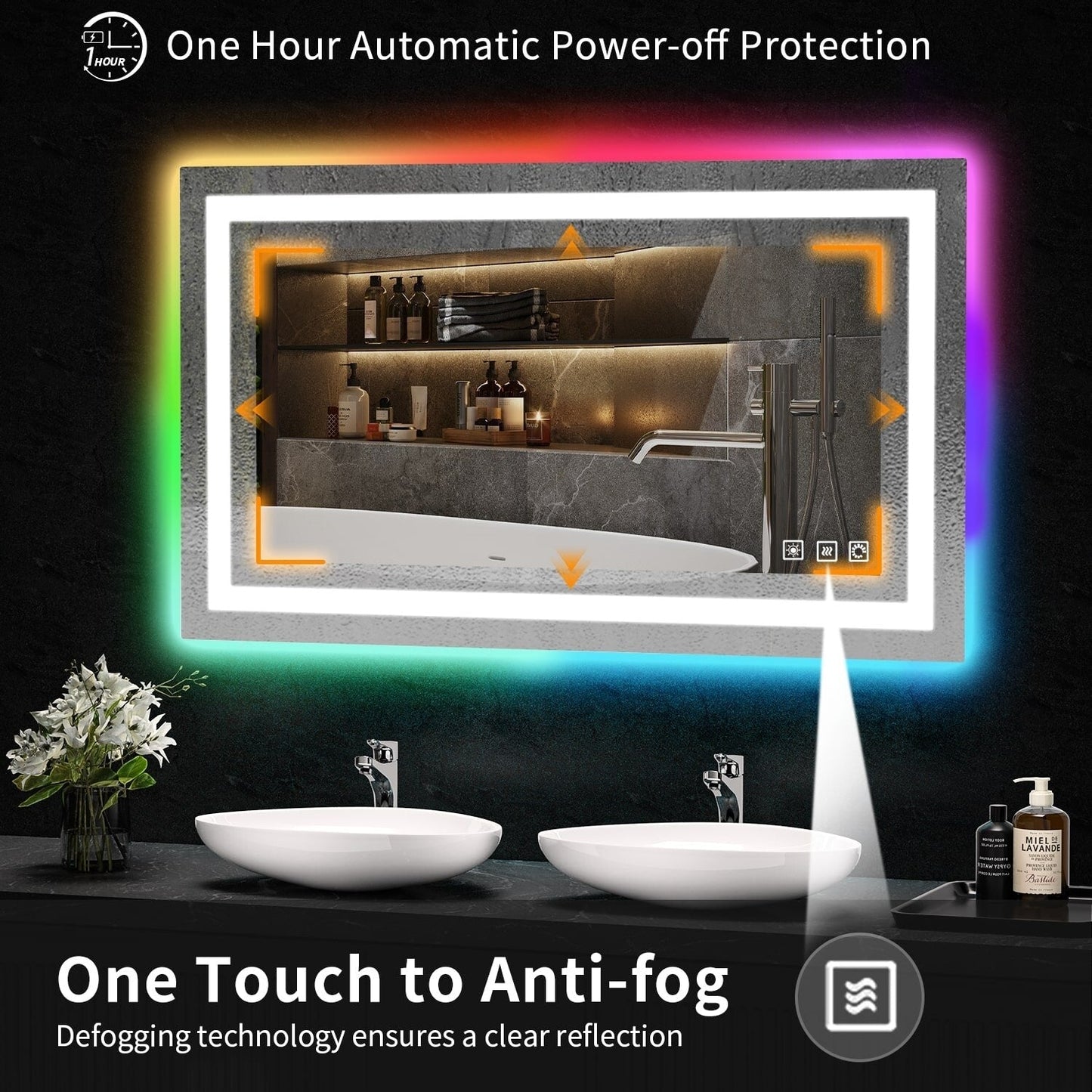 Miroir de salle de bain antibuée avec rétroéclairage RGB et éclairage LED frontal