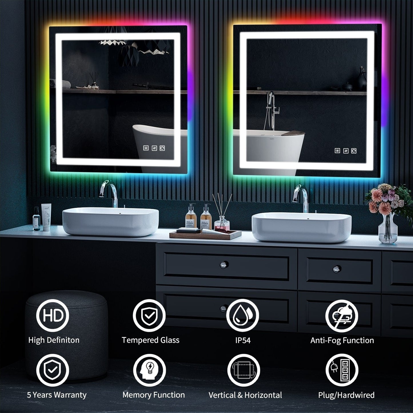 Miroir de salle de bain antibuée avec rétroéclairage RGB et éclairage LED frontal