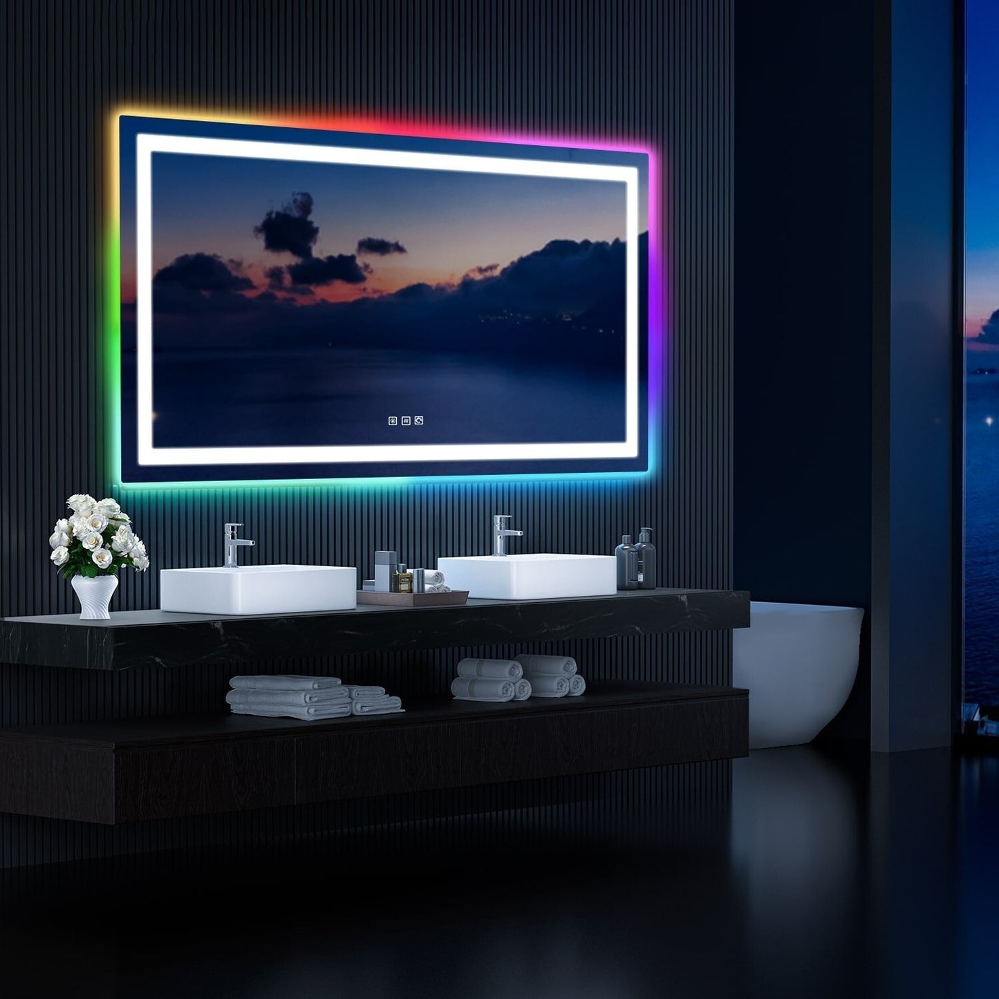 Miroir de salle de bain antibuée avec rétroéclairage RGB et éclairage LED frontal
