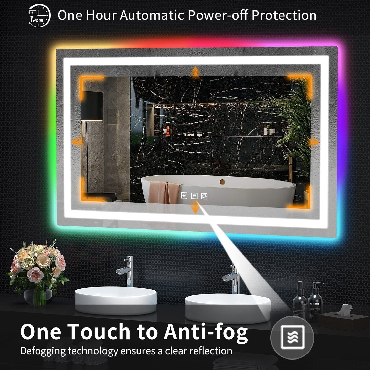 Miroir de salle de bain antibuée avec rétroéclairage RGB et éclairage LED frontal