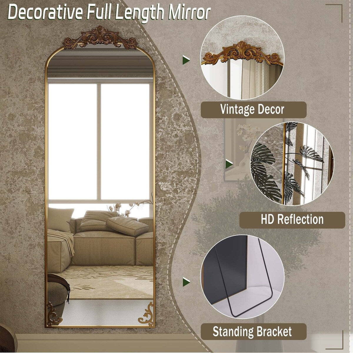Grand miroir en forme d'arche avec motif floral baroque