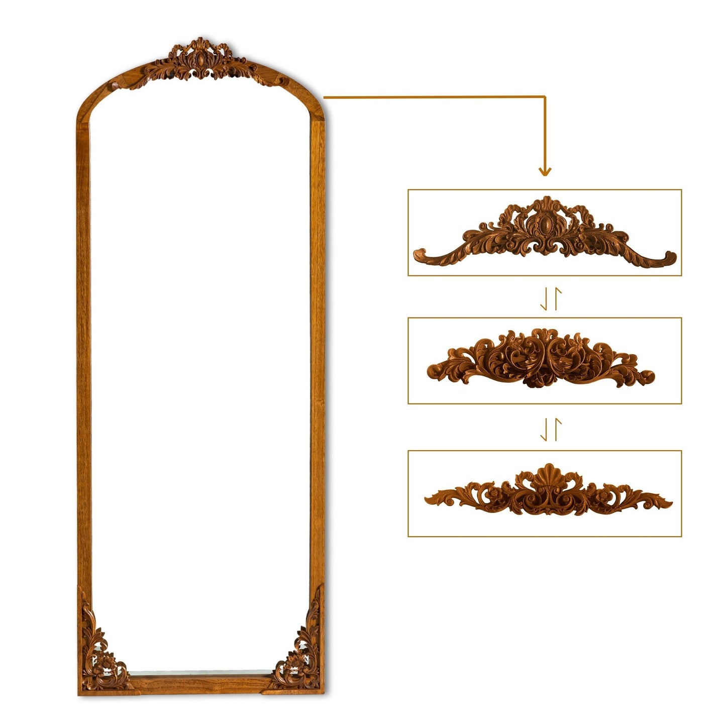 Grand miroir de sol en bois massif sculpté avec arche