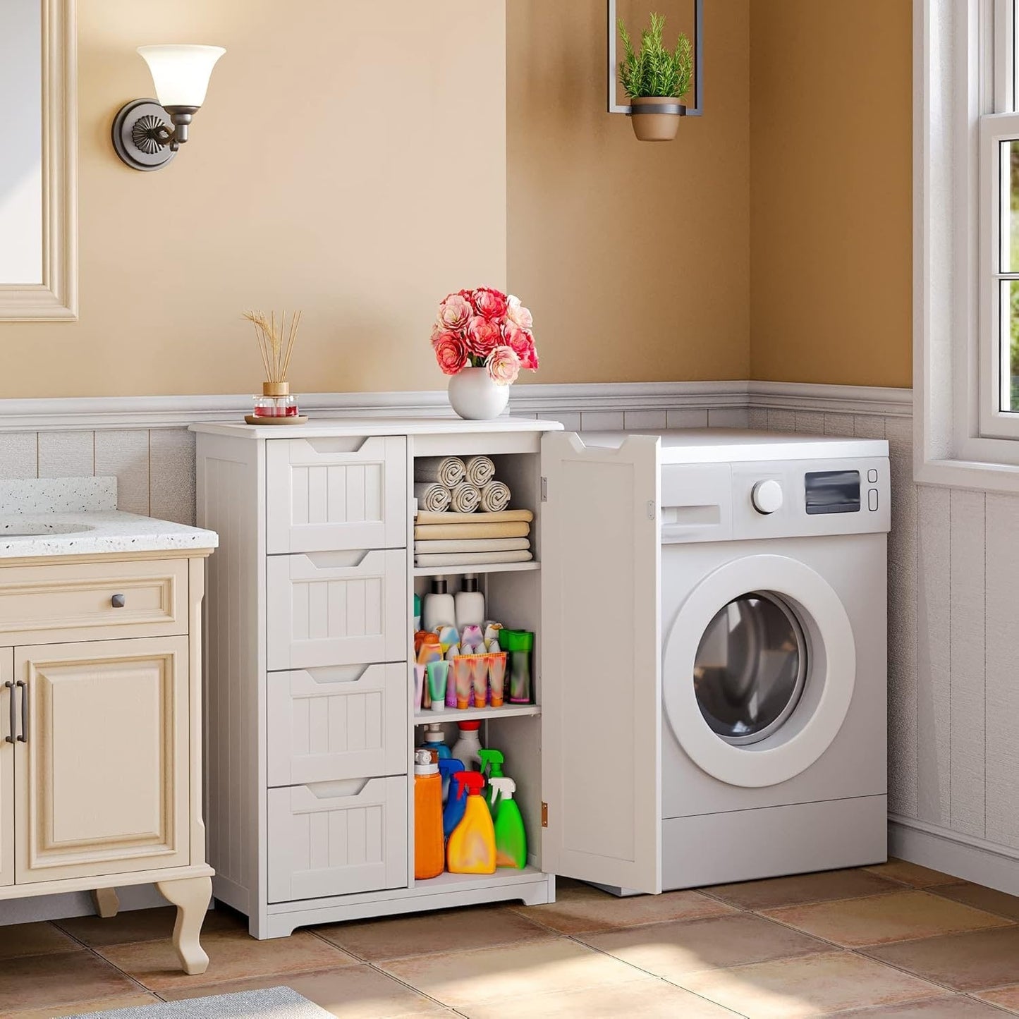 Meuble de rangement pour salle de bain, meuble de rangement au sol avec 4 tiroirs et étagère réglable