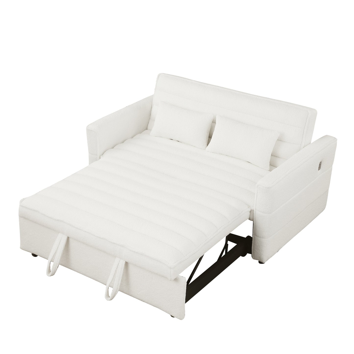 Canapé-lit convertible beige 55.12 en bouclette, avec dossier réglable et 2 coussins lombaires pour le salon.
