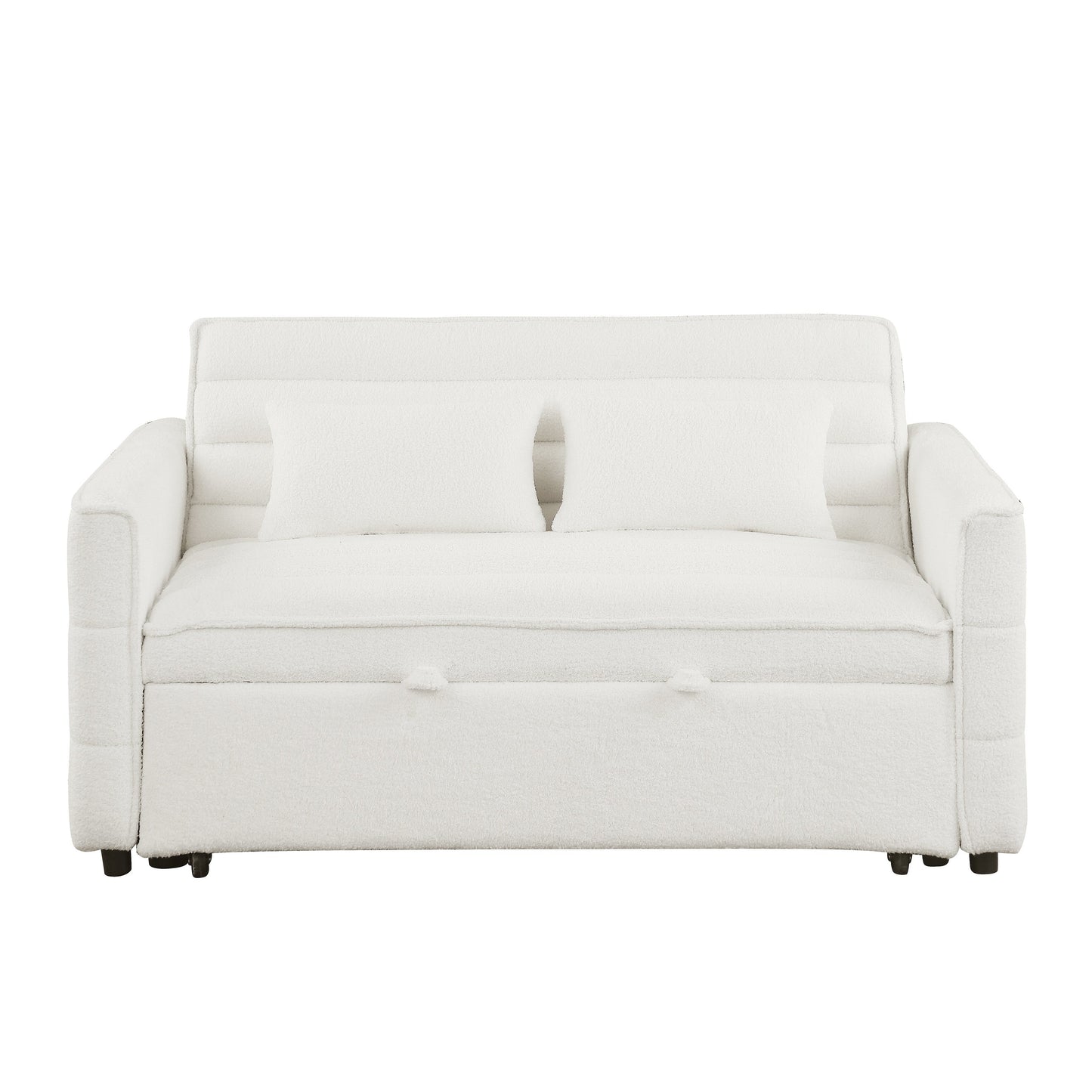 Canapé-lit convertible beige 55.12 en bouclette, avec dossier réglable et 2 coussins lombaires pour le salon.