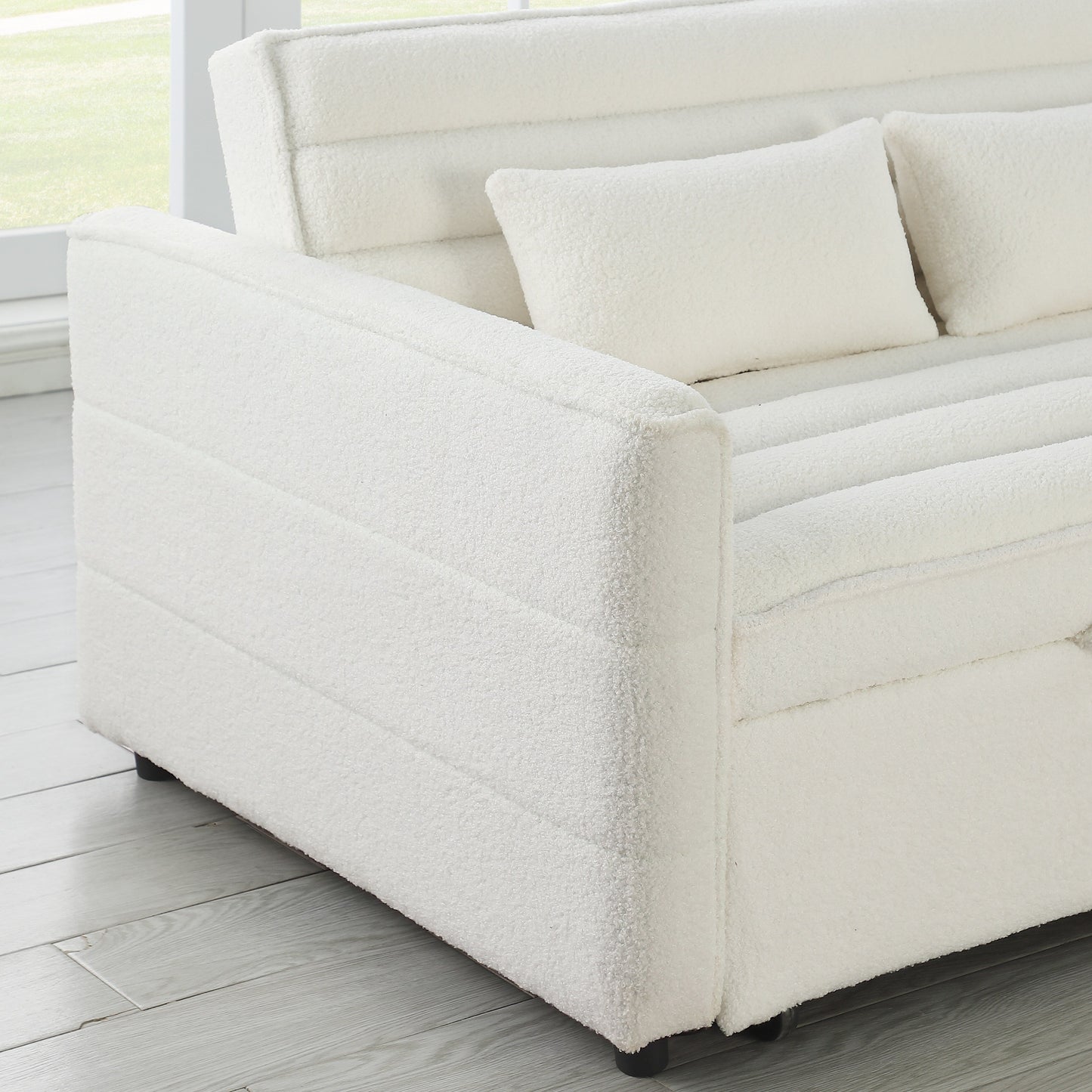 Canapé-lit convertible beige 55.12 en bouclette, avec dossier réglable et 2 coussins lombaires pour le salon.