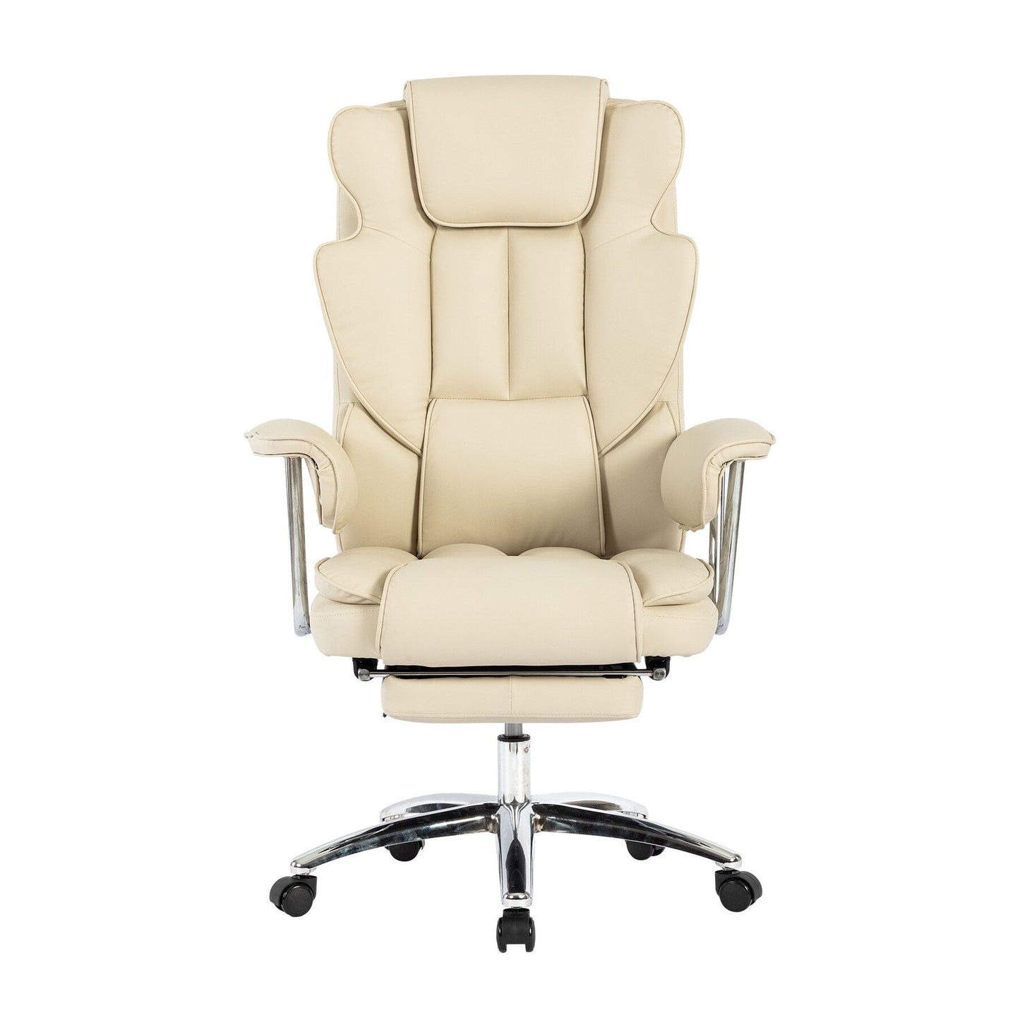 Fauteuil de bureau inclinable ergonomique à dossier haut en cuir synthétique beige, pivotant à 360°, avec support lombaire, repose-pieds et hauteur réglable.