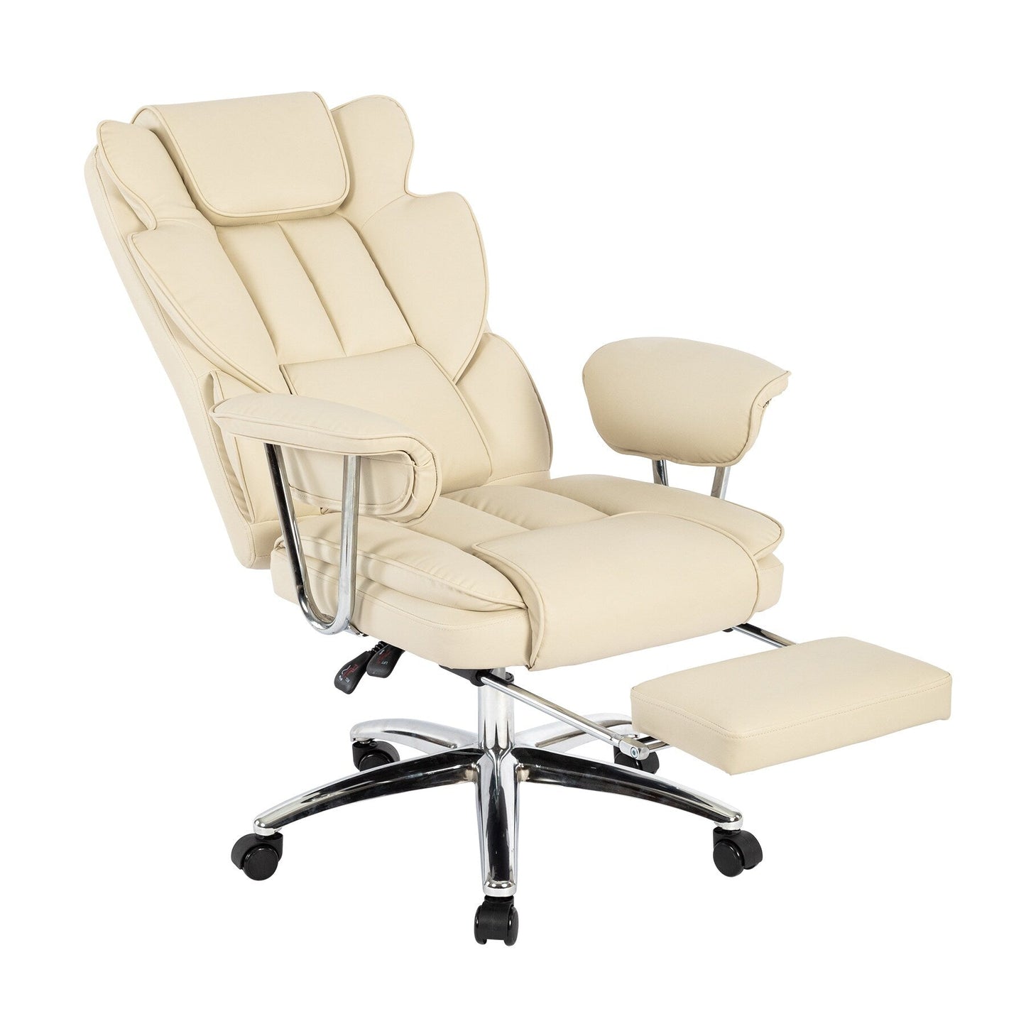 Fauteuil de bureau inclinable ergonomique à dossier haut en cuir synthétique beige, pivotant à 360°, avec support lombaire, repose-pieds et hauteur réglable.