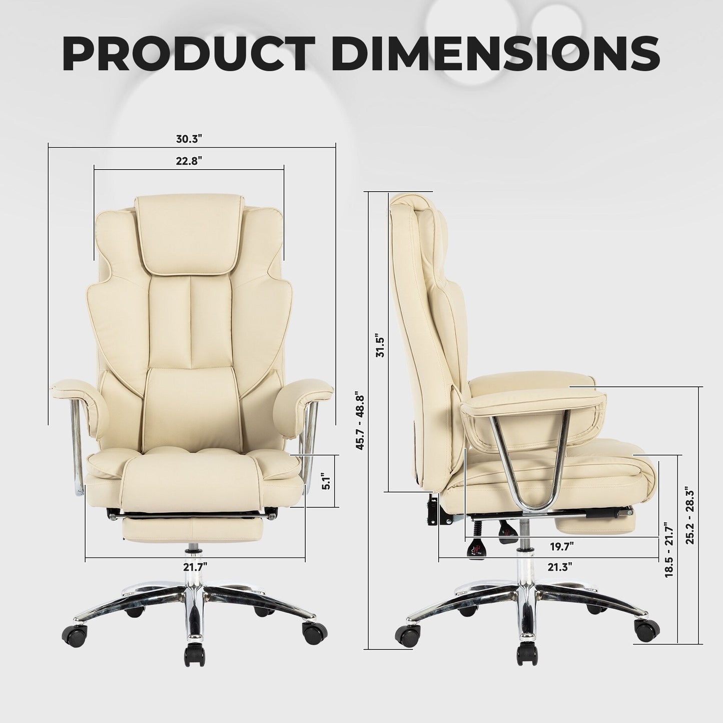 Fauteuil de bureau inclinable ergonomique à dossier haut en cuir synthétique beige, pivotant à 360°, avec support lombaire, repose-pieds et hauteur réglable.