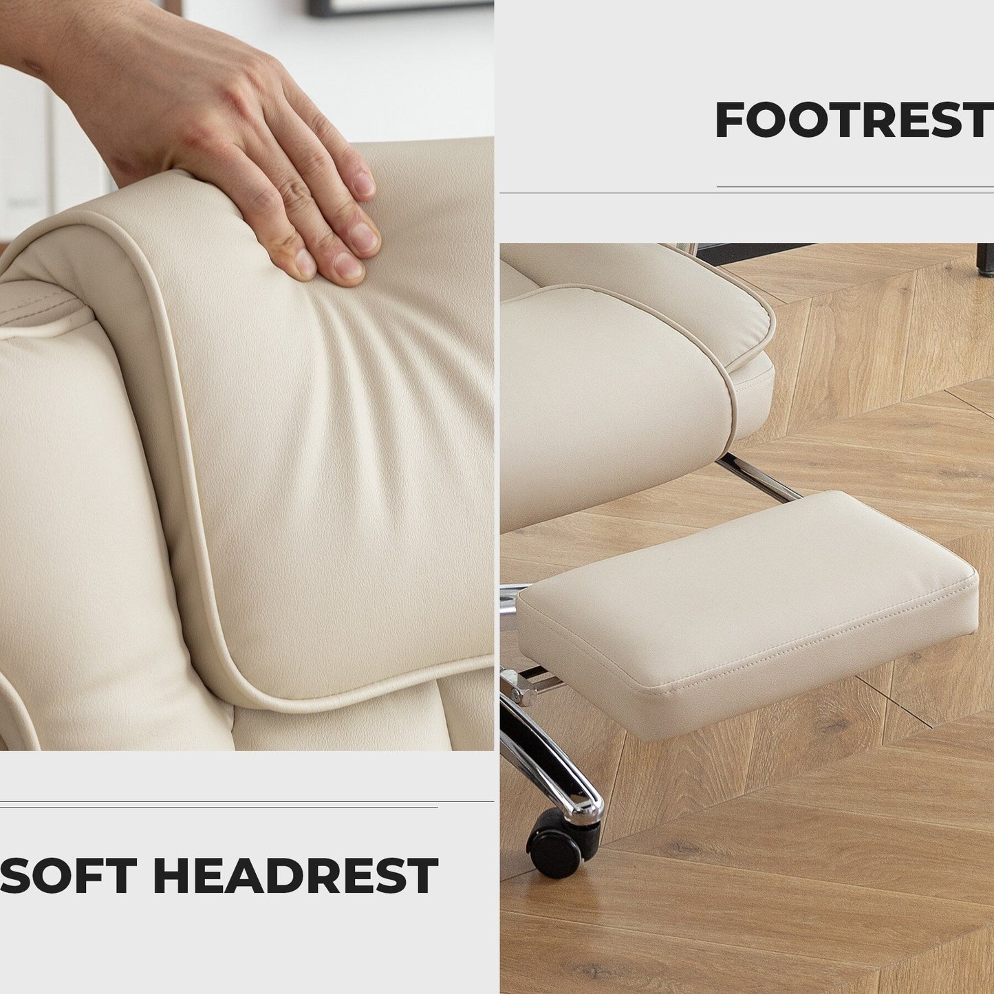 Fauteuil de bureau inclinable ergonomique à dossier haut en cuir synthétique beige, pivotant à 360°, avec support lombaire, repose-pieds et hauteur réglable.