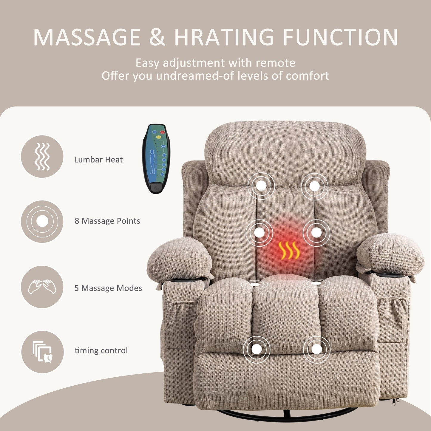 Fauteuil inclinable pivotant beige avec massage, chauffage et recharge USB
