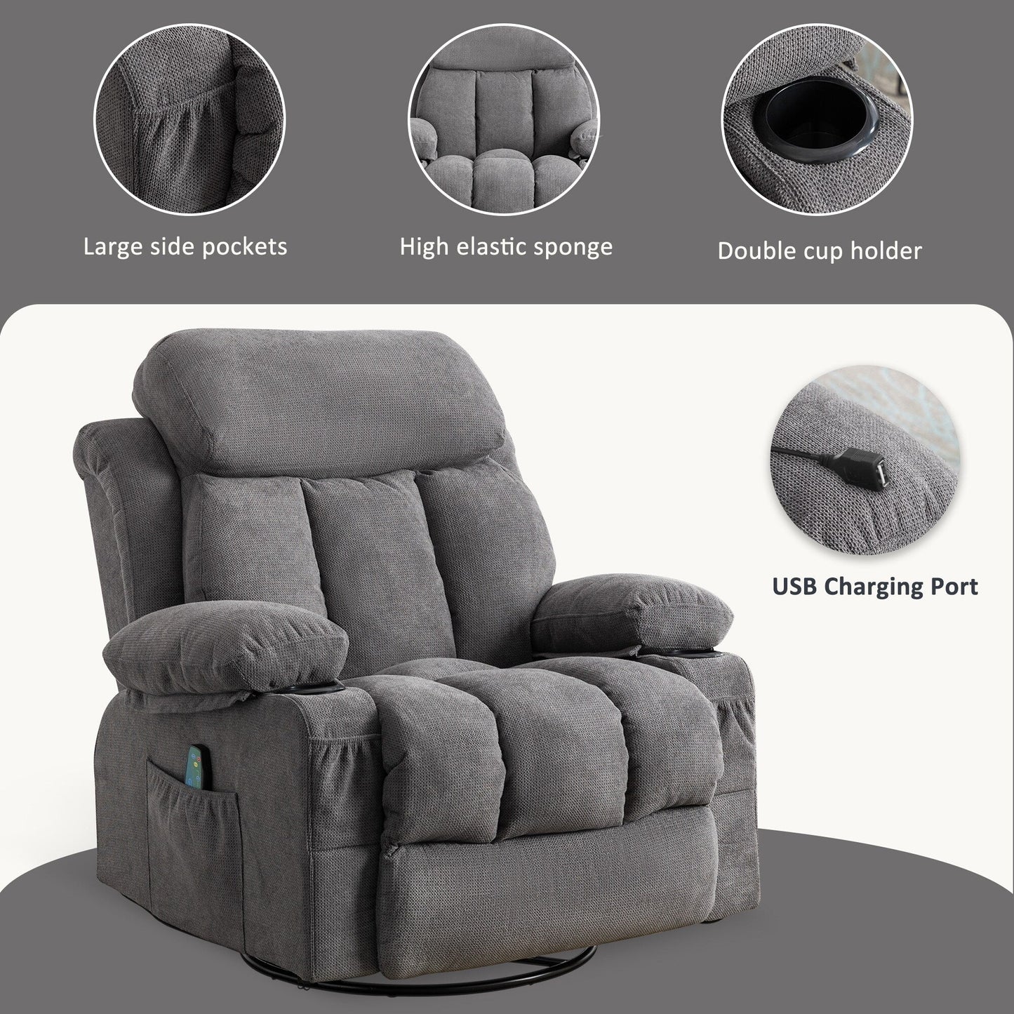 Fauteuil inclinable pivotant beige avec massage, chauffage et recharge USB