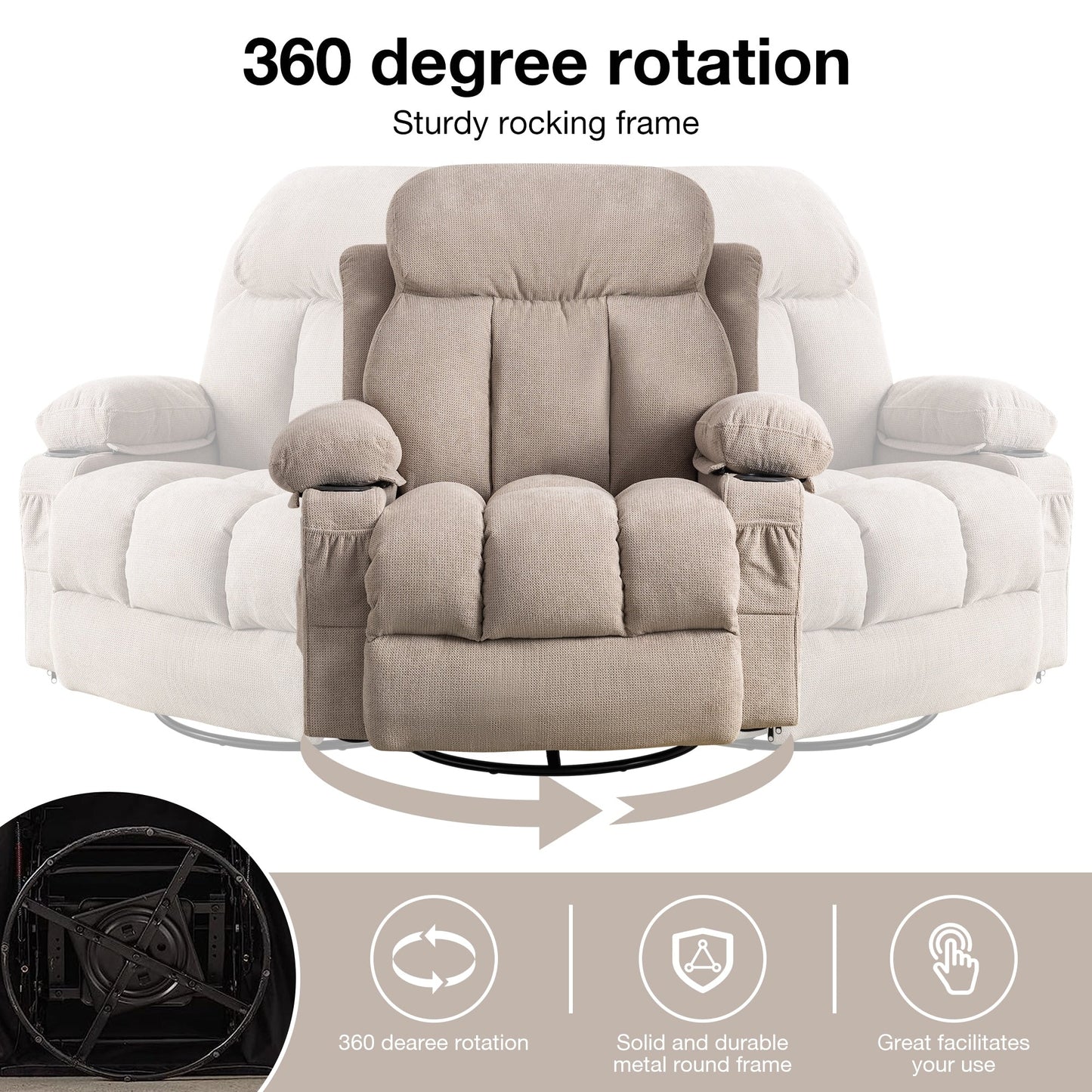 Fauteuil inclinable pivotant beige avec massage, chauffage et recharge USB