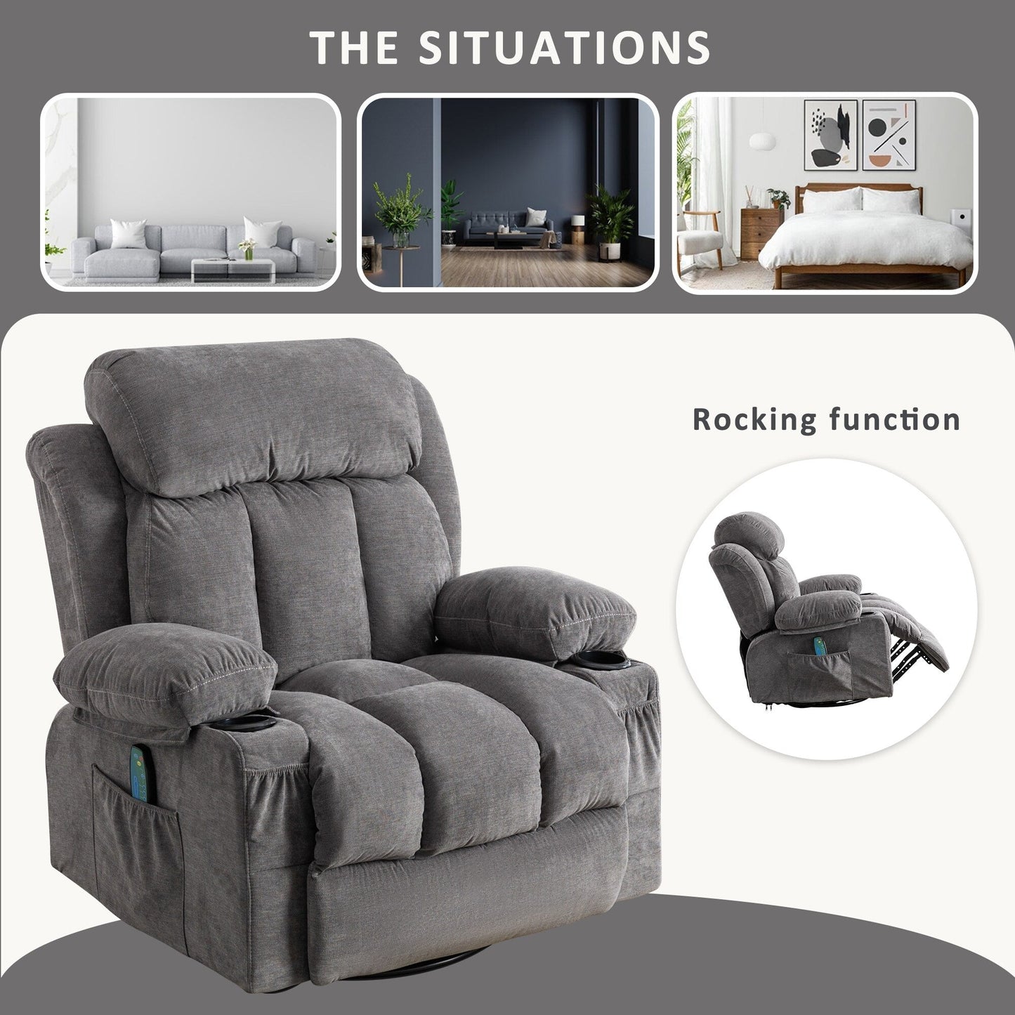 Fauteuil inclinable pivotant beige avec massage, chauffage et recharge USB
