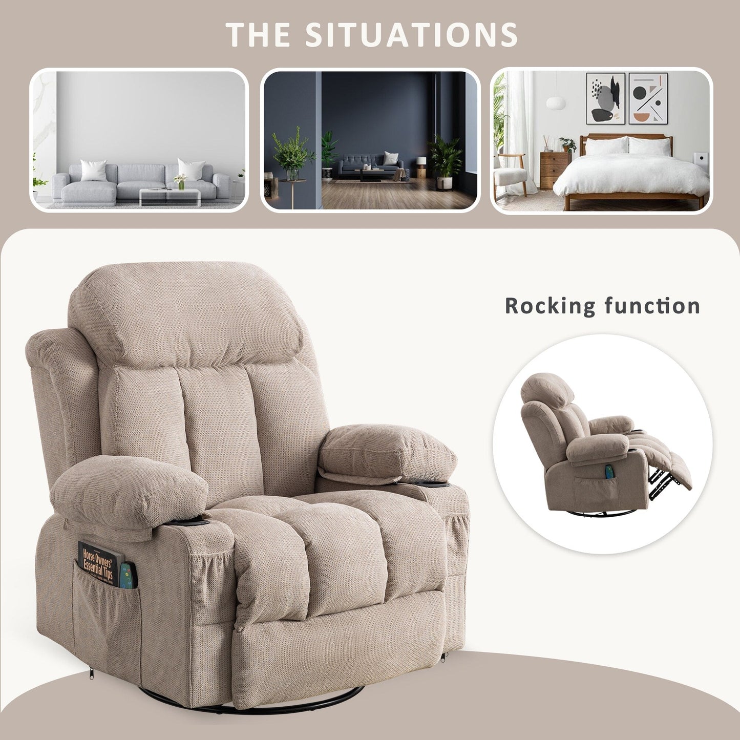 Fauteuil inclinable pivotant beige avec massage, chauffage et recharge USB
