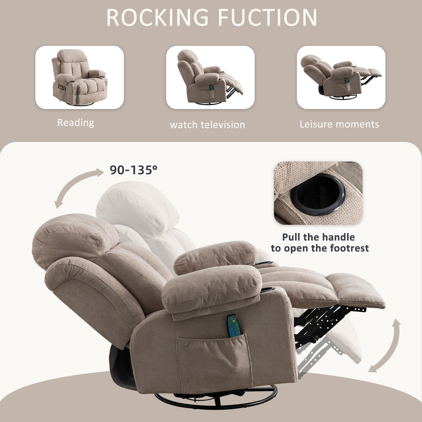 Fauteuil inclinable pivotant beige avec massage, chauffage et recharge USB