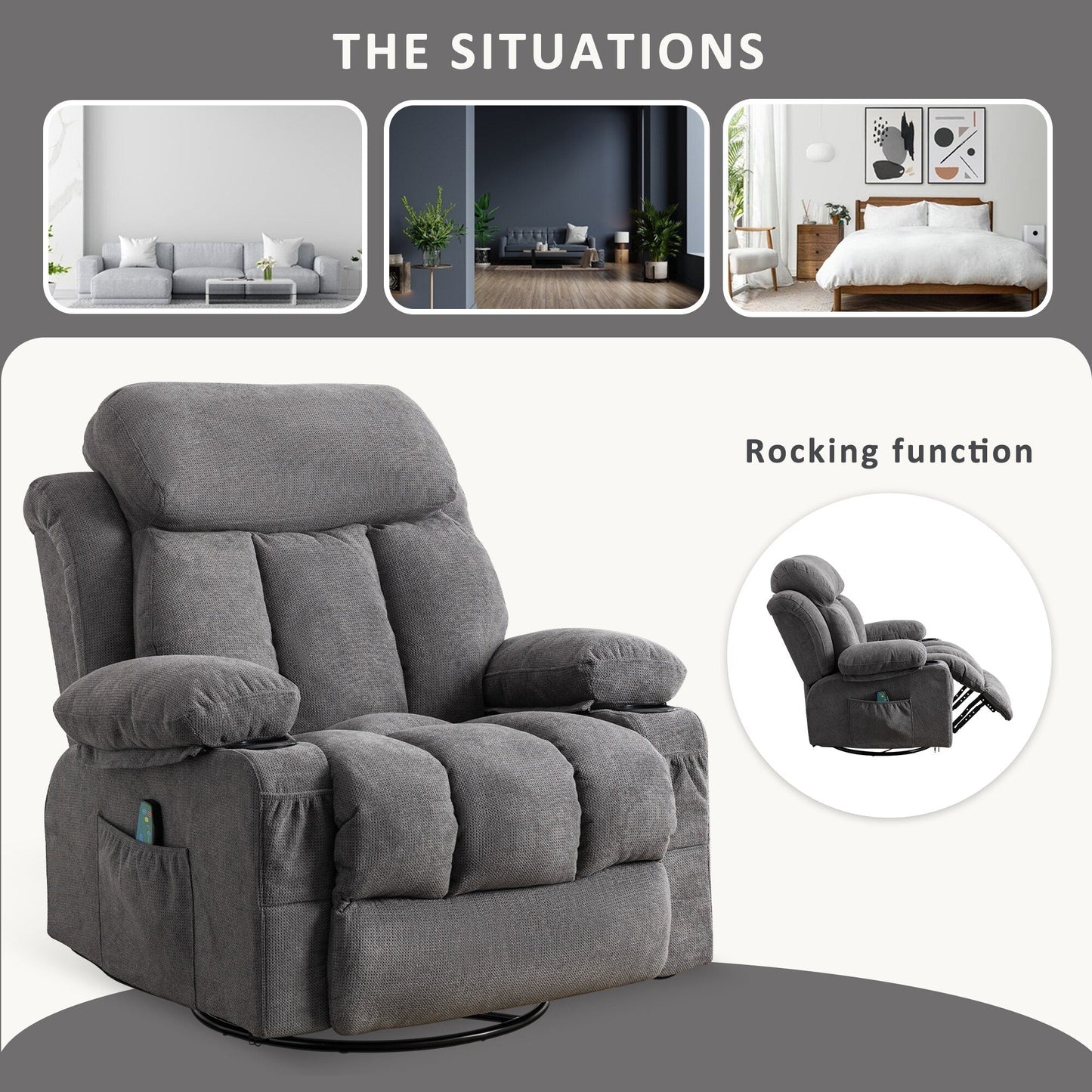 Fauteuil inclinable pivotant beige avec massage, chauffage et recharge USB