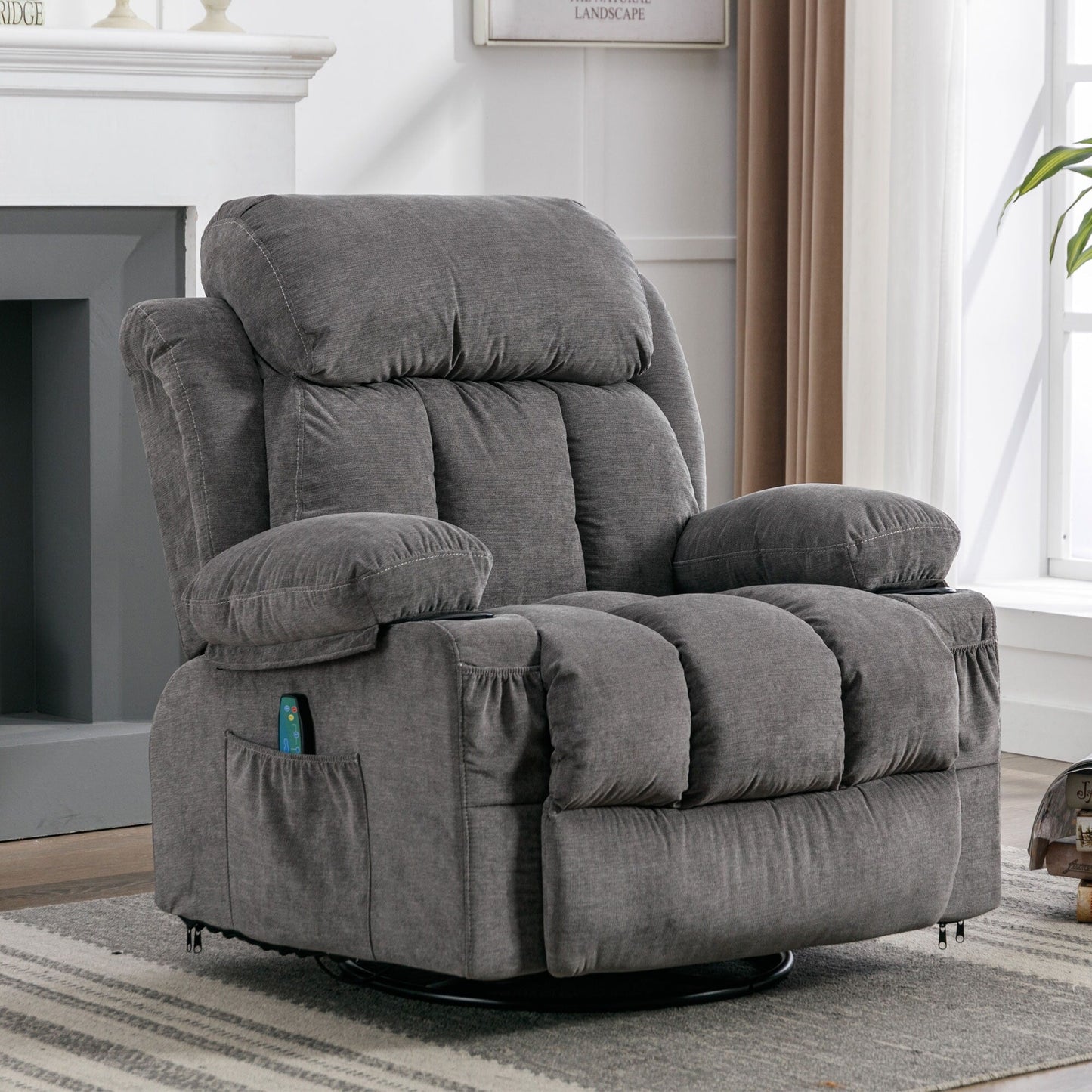 Fauteuil inclinable pivotant beige avec massage, chauffage et recharge USB