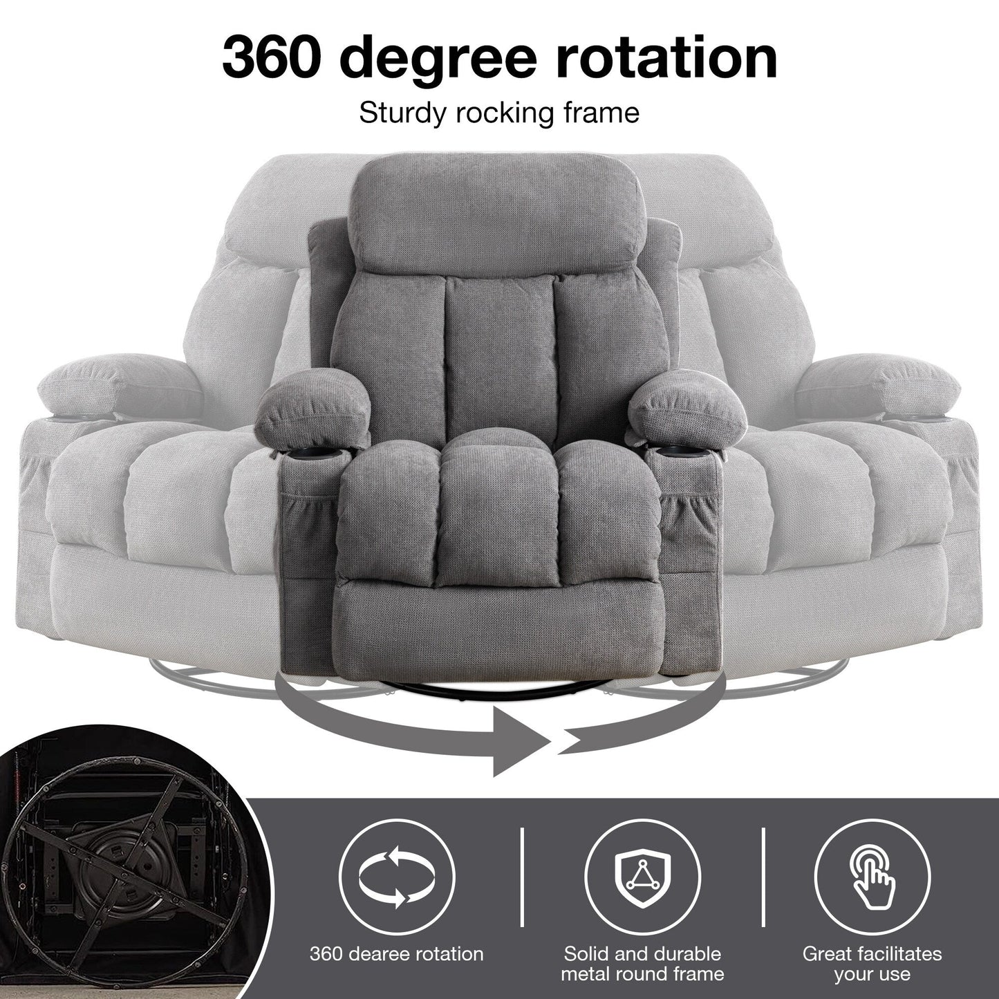 Fauteuil inclinable pivotant beige avec massage, chauffage et recharge USB