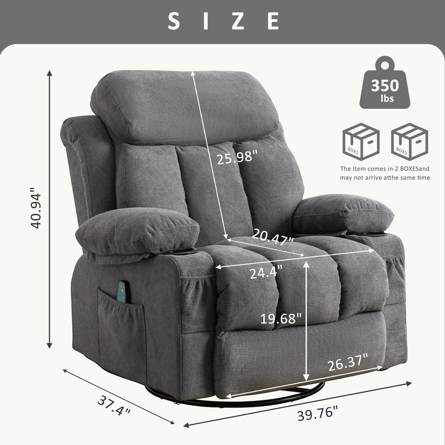 Fauteuil inclinable pivotant beige avec massage, chauffage et recharge USB
