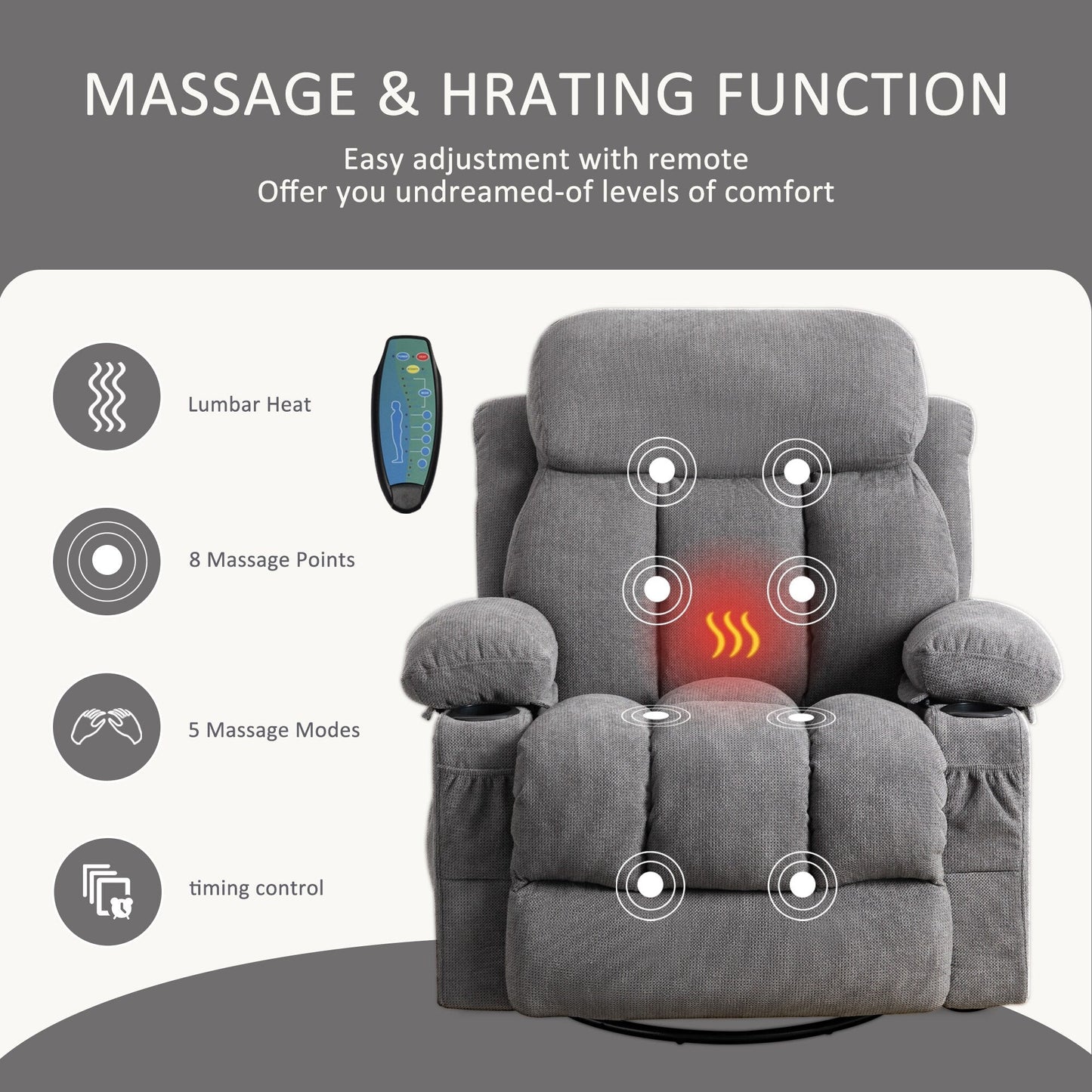 Fauteuil inclinable pivotant beige avec massage, chauffage et recharge USB