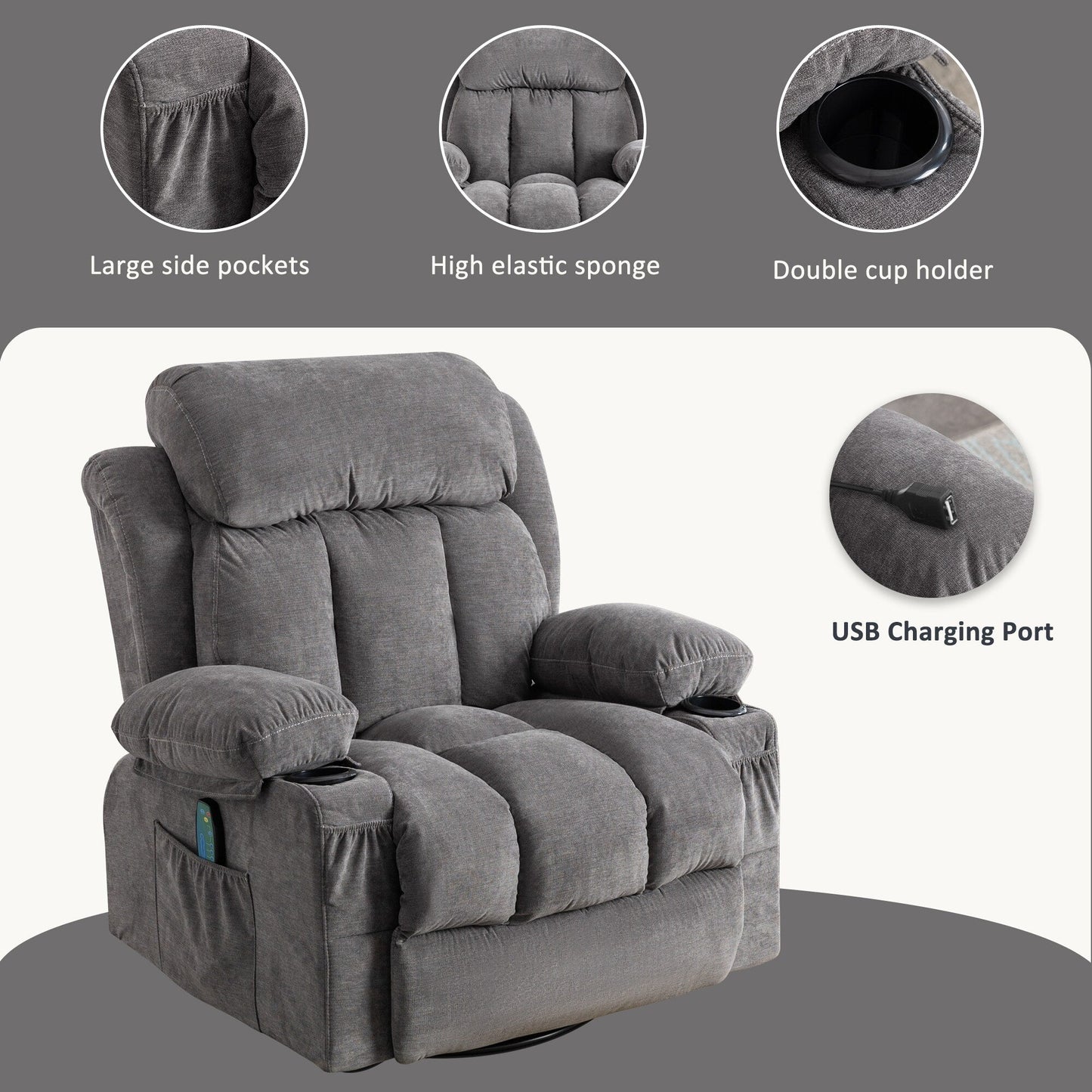 Fauteuil inclinable pivotant beige avec massage, chauffage et recharge USB