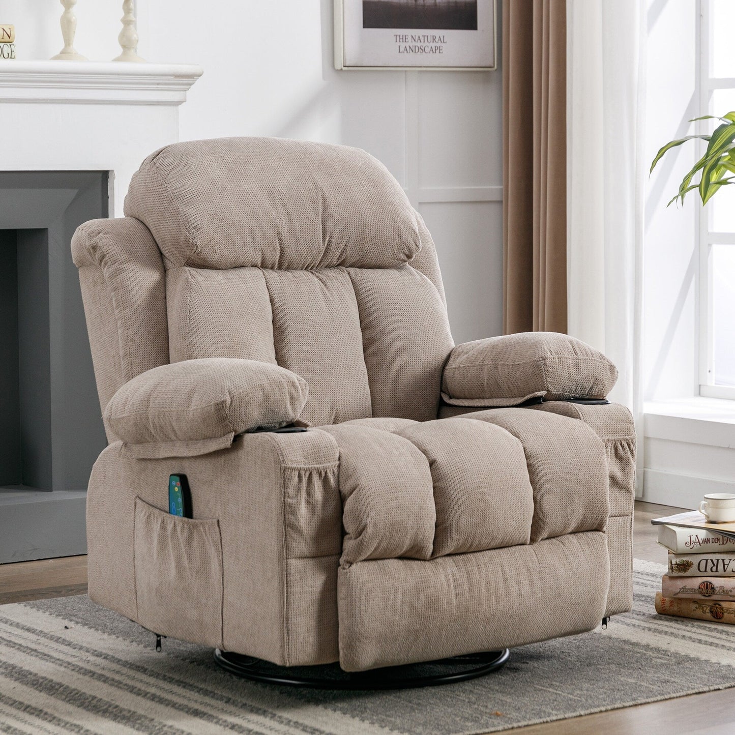Fauteuil inclinable pivotant beige avec massage, chauffage et recharge USB
