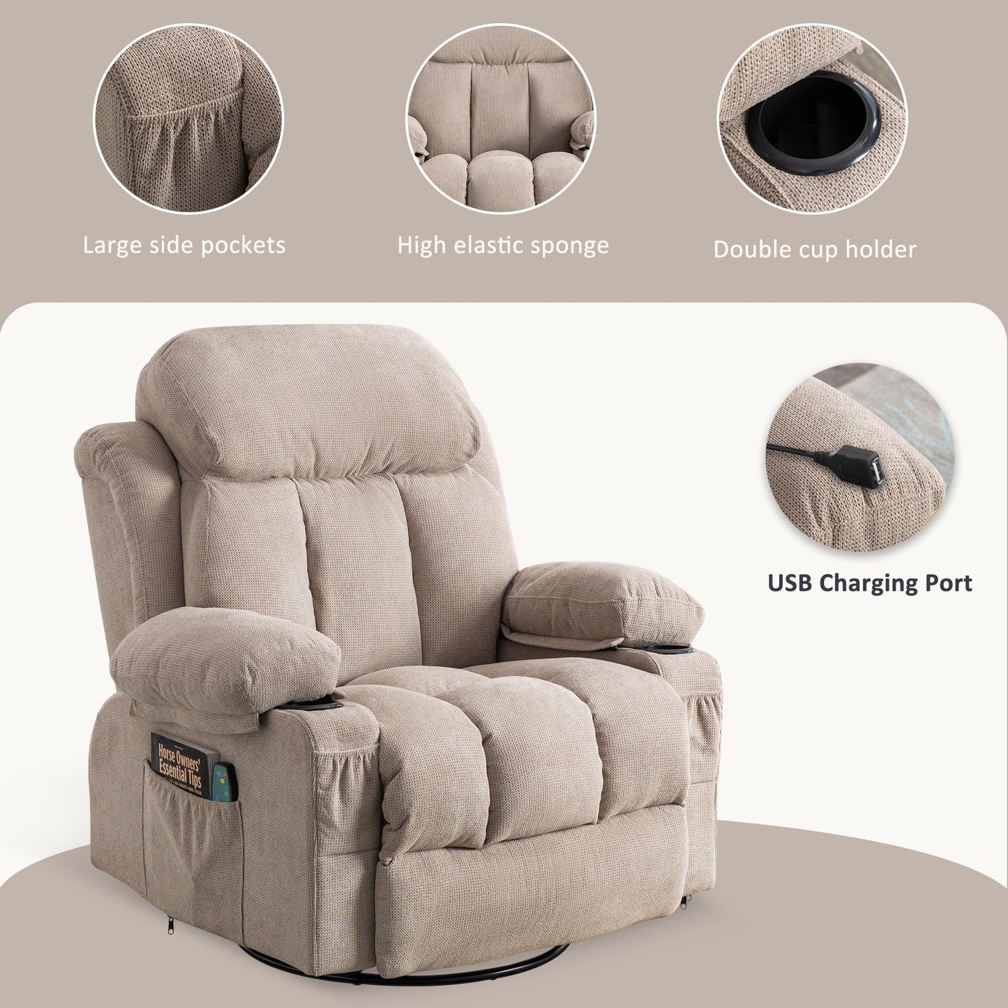 Fauteuil inclinable pivotant beige avec massage, chauffage et recharge USB