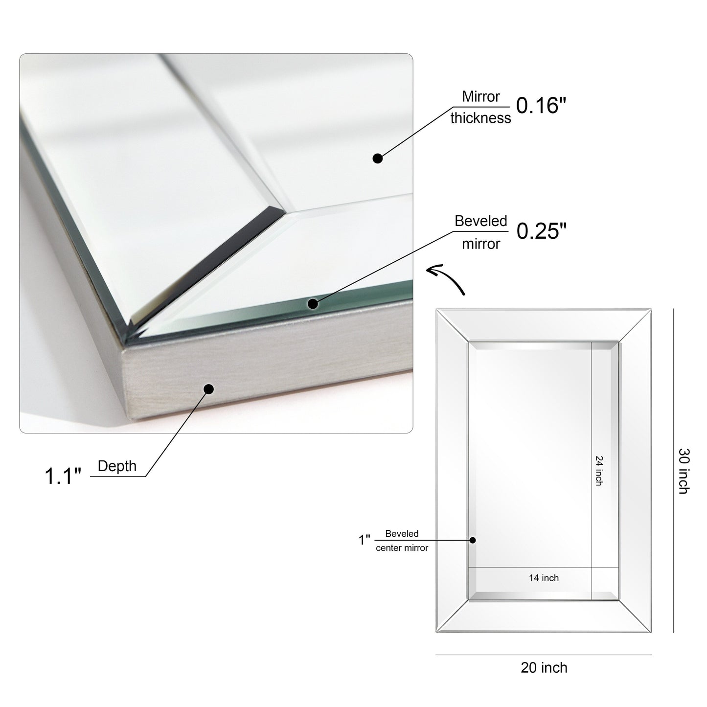 Miroir rectangulaire biseauté transparent haute définition à monter au mur pour salle de bain, meuble-lavabo, chambre à coucher, 3 tailles