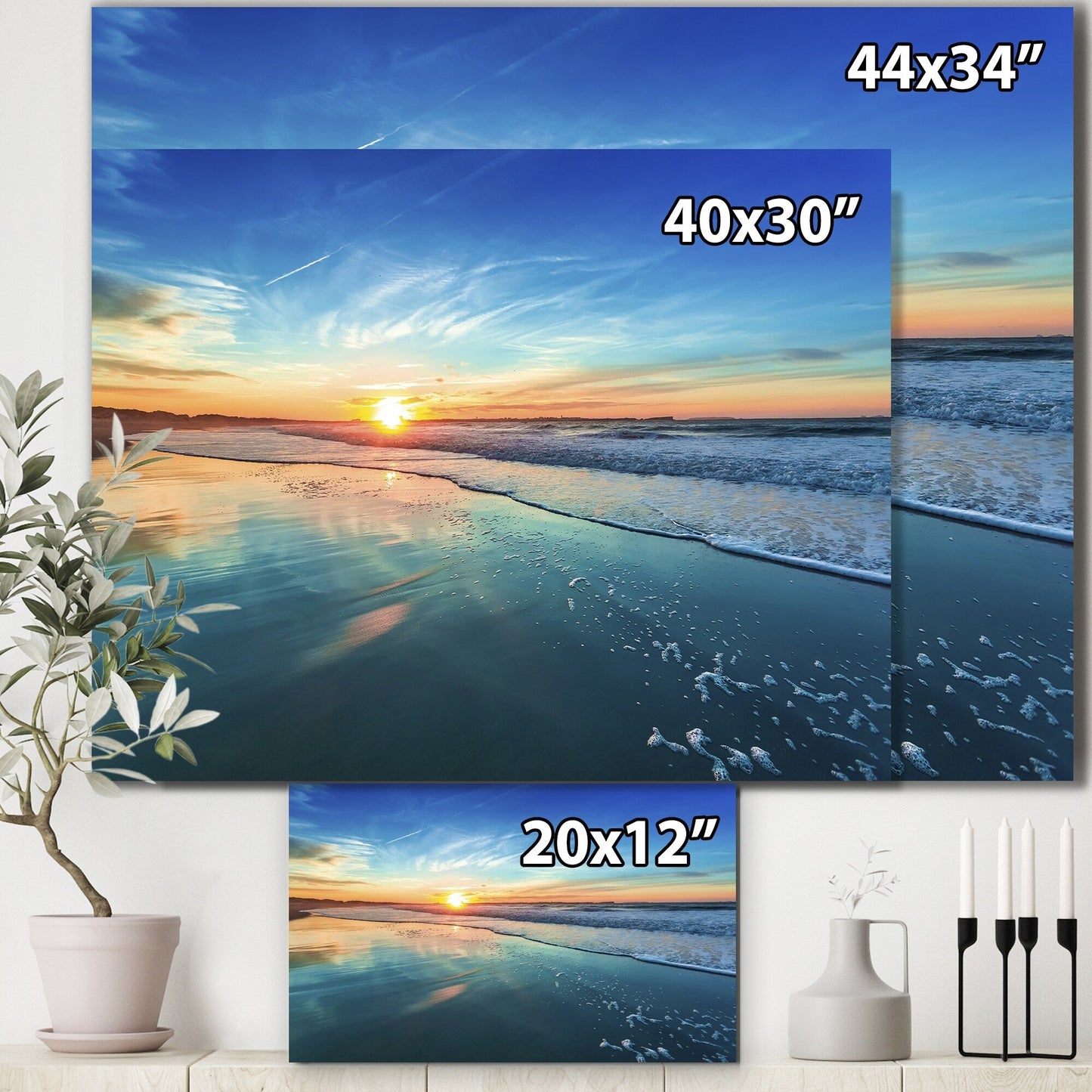 Côté de mer bleu avec coucher de soleil lointain - Tableau mural sur toile représentant un bord de mer