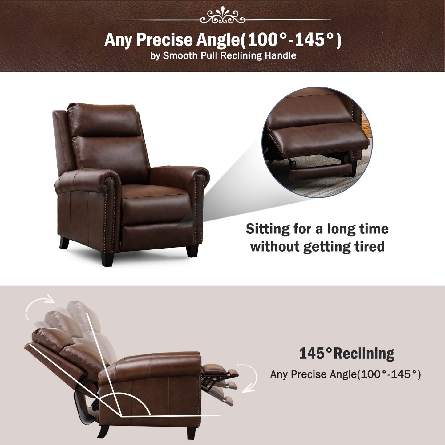 Fauteuil inclinable en cuir véritable avec accoudoirs et dossier confortables.