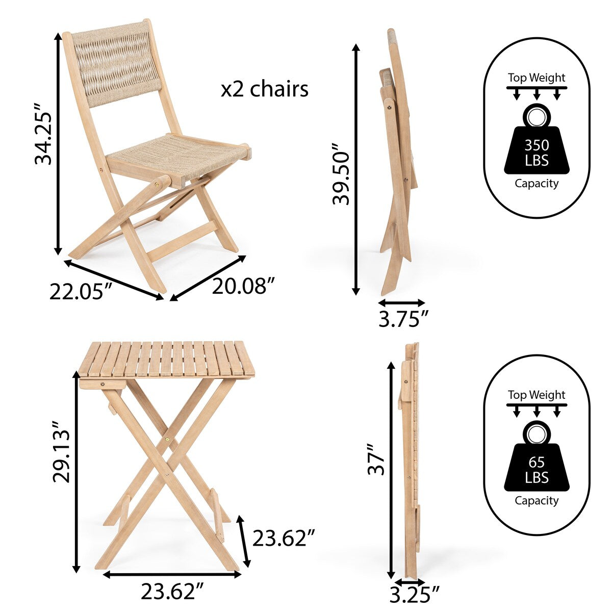 Cadiz Ensemble de bistro pliable pour extérieur en bois d'acacia, style côtier moderne, 3 pièces, par JONATHAN Y