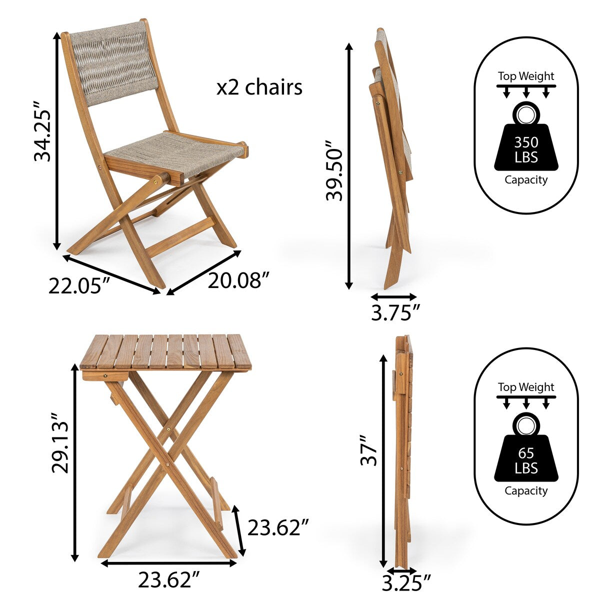 Cadiz Ensemble de bistro pliable pour extérieur en bois d'acacia, style côtier moderne, 3 pièces, par JONATHAN Y
