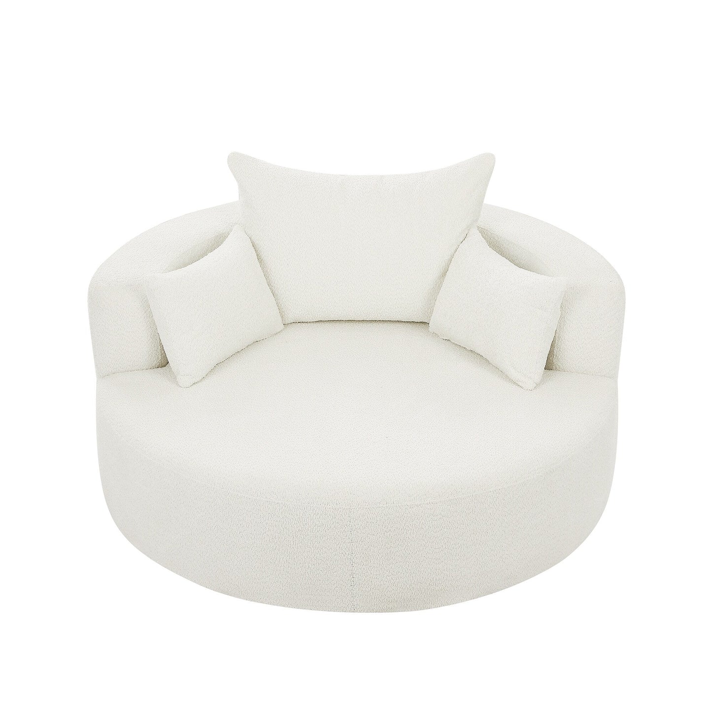 Fauteuil de salon en forme de tonneau avec accoudoirs, en chenille, avec base pivotante à 360 degrés et 3 coussins amovibles.