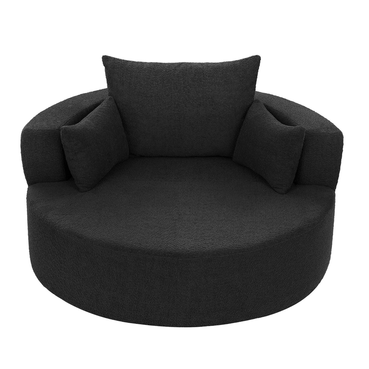 Fauteuil de salon en forme de tonneau avec accoudoirs, en chenille, avec base pivotante à 360 degrés et 3 coussins amovibles.