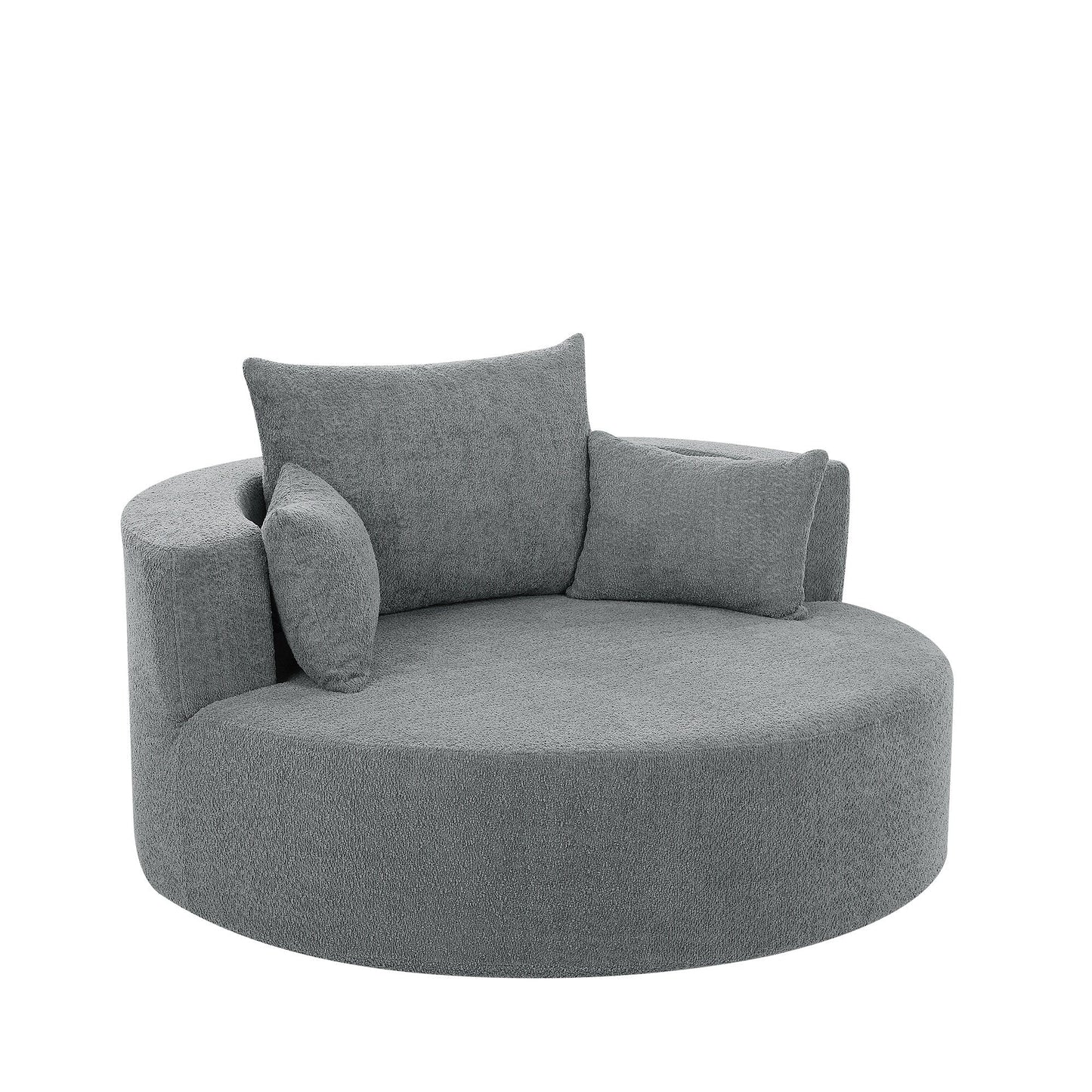 Fauteuil de salon en forme de tonneau avec accoudoirs, en chenille, avec base pivotante à 360 degrés et 3 coussins amovibles.