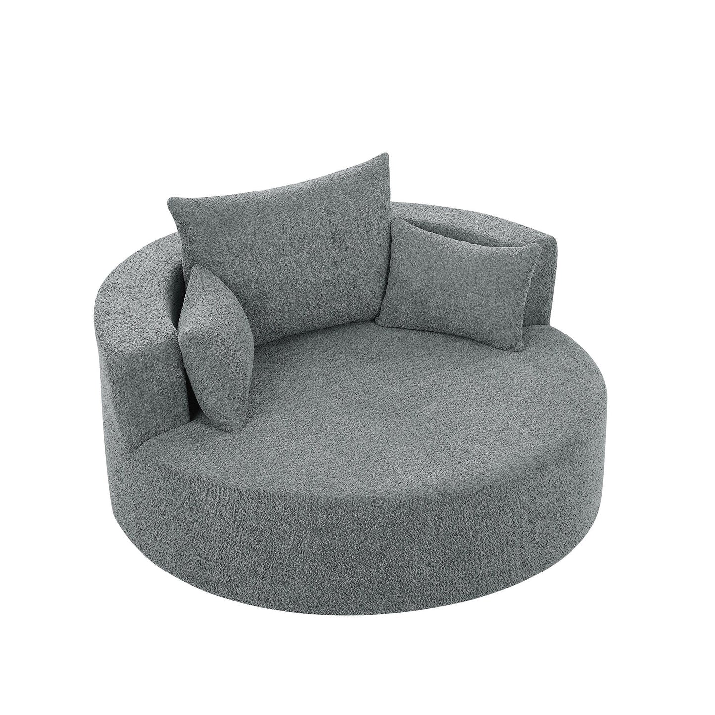 Fauteuil de salon en forme de tonneau avec accoudoirs, en chenille, avec base pivotante à 360 degrés et 3 coussins amovibles.