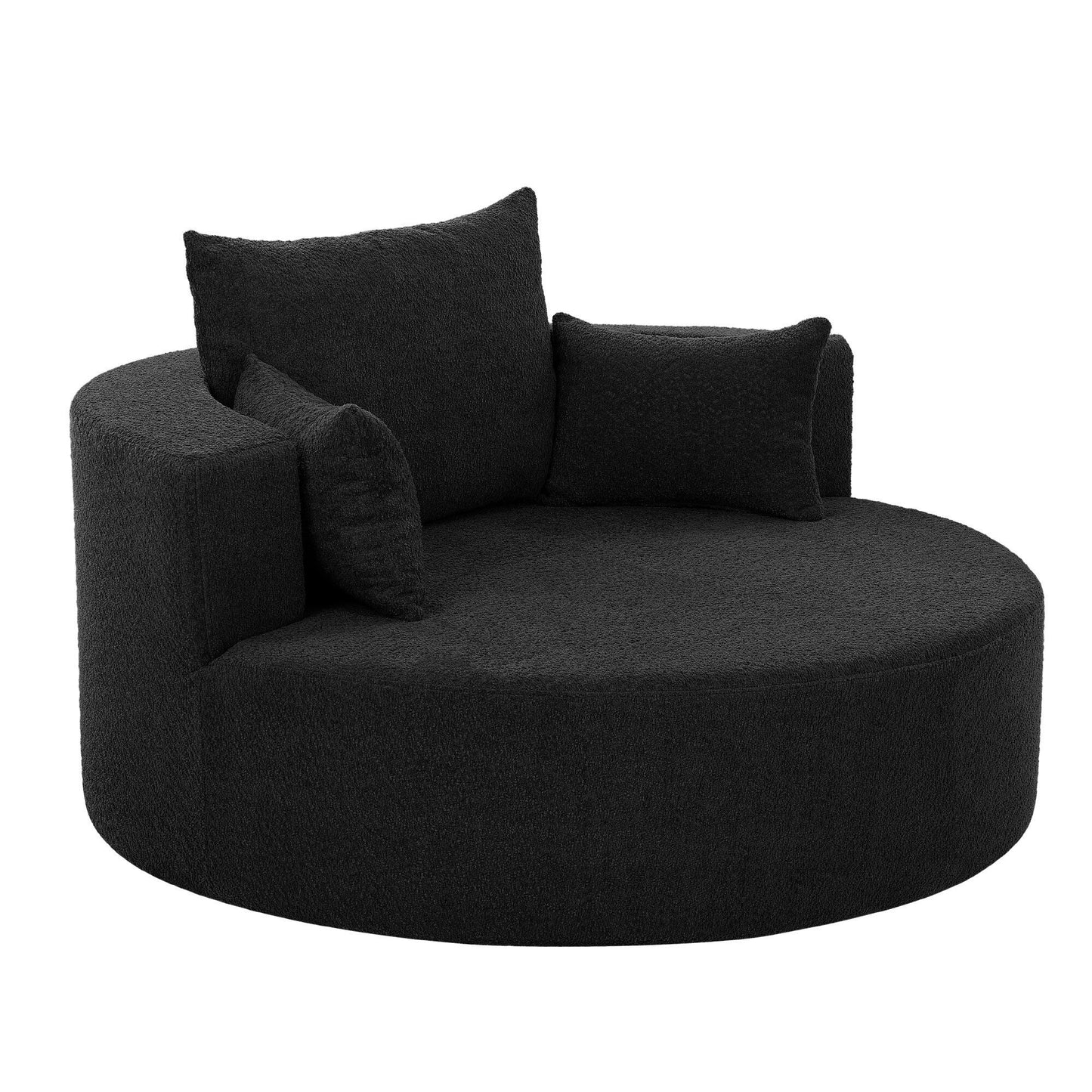 Fauteuil de salon en forme de tonneau avec accoudoirs, en chenille, avec base pivotante à 360 degrés et 3 coussins amovibles.