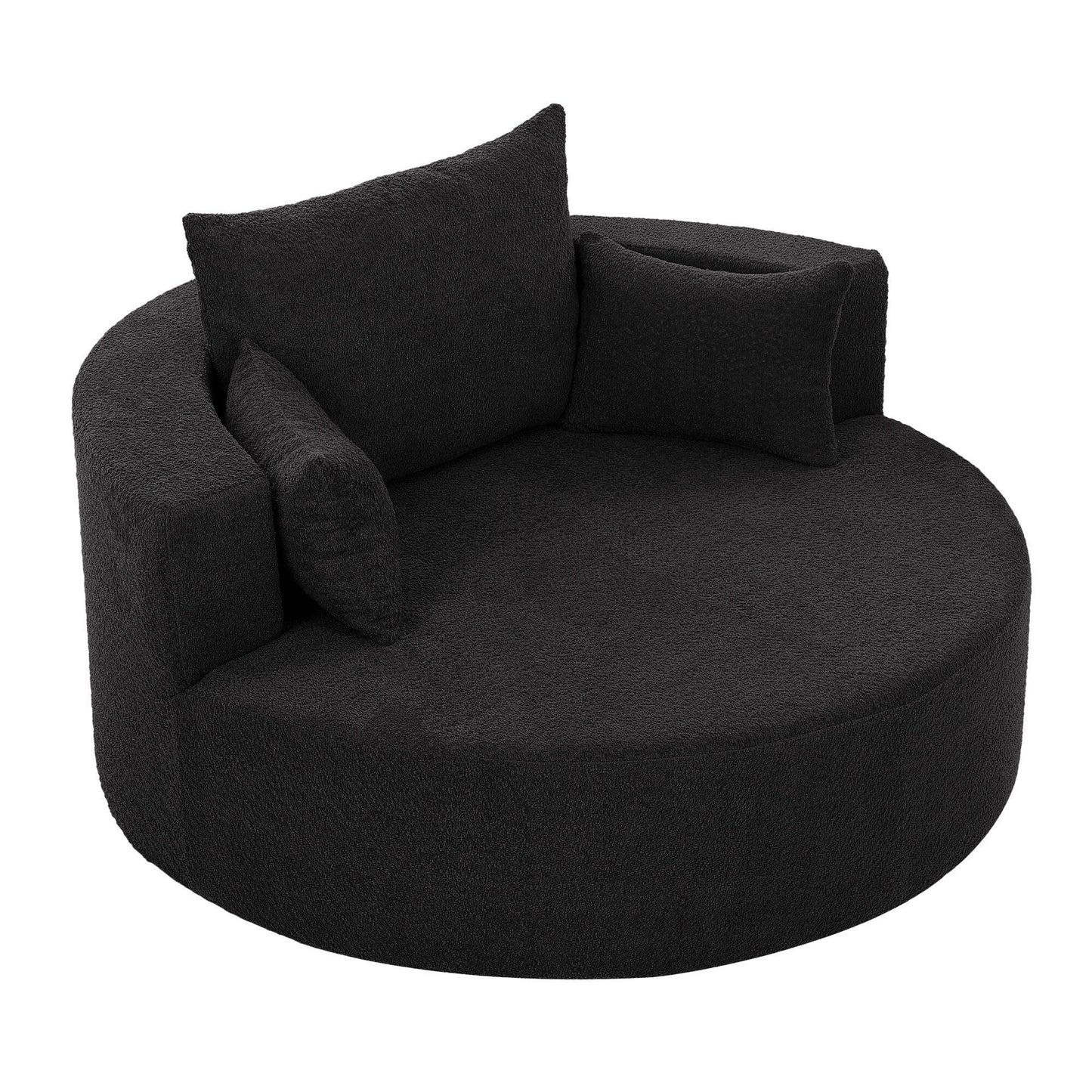 Fauteuil de salon en forme de tonneau avec accoudoirs, en chenille, avec base pivotante à 360 degrés et 3 coussins amovibles.