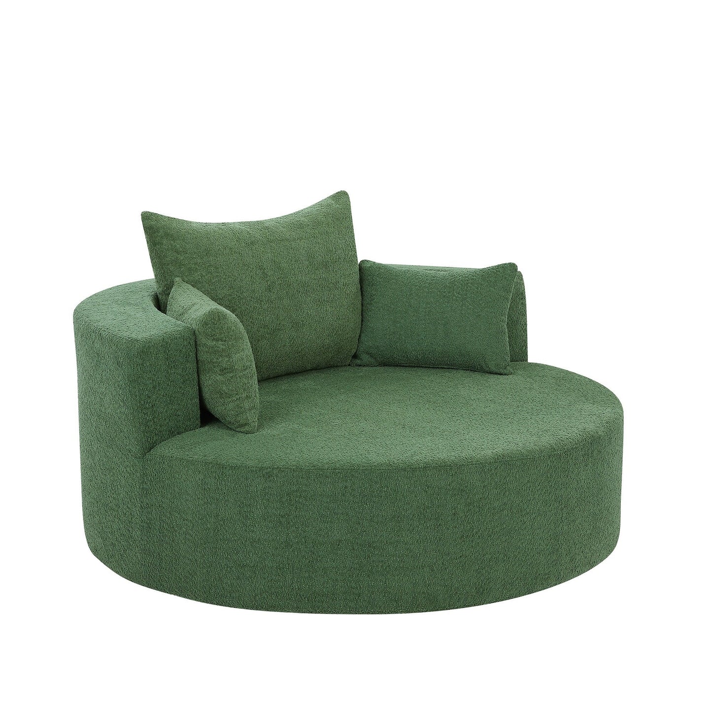 Fauteuil de salon en forme de tonneau avec accoudoirs, en chenille, avec base pivotante à 360 degrés et 3 coussins amovibles.