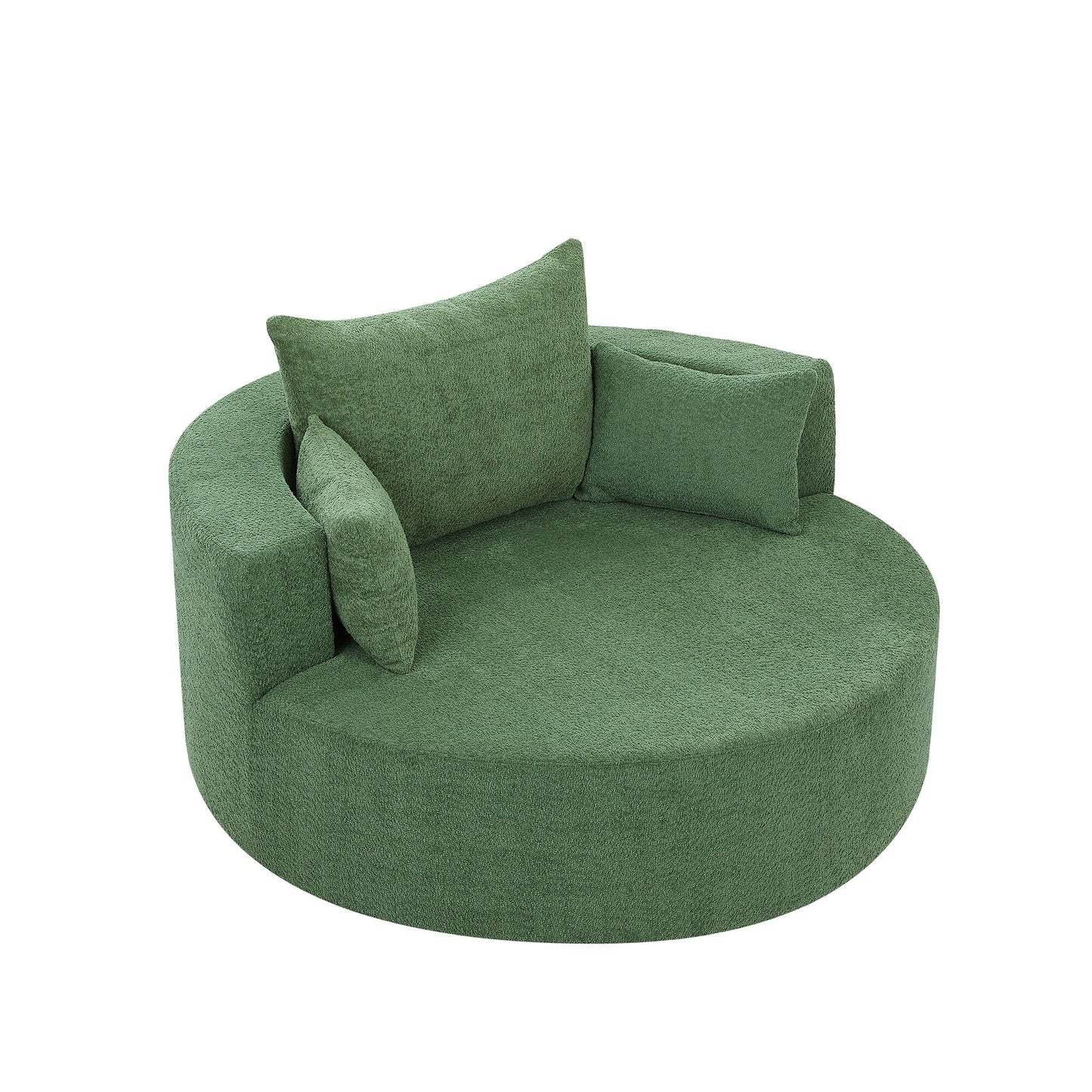 Fauteuil de salon en forme de tonneau avec accoudoirs, en chenille, avec base pivotante à 360 degrés et 3 coussins amovibles.