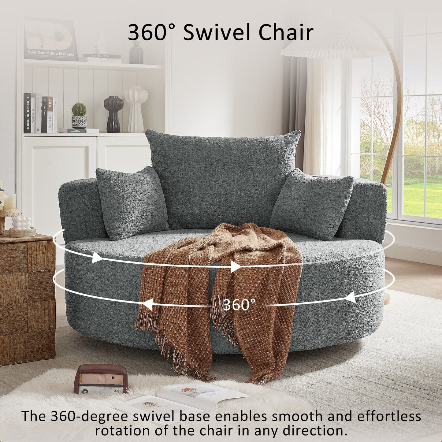 Fauteuil de salon en forme de tonneau avec accoudoirs, en chenille, avec base pivotante à 360 degrés et 3 coussins amovibles.