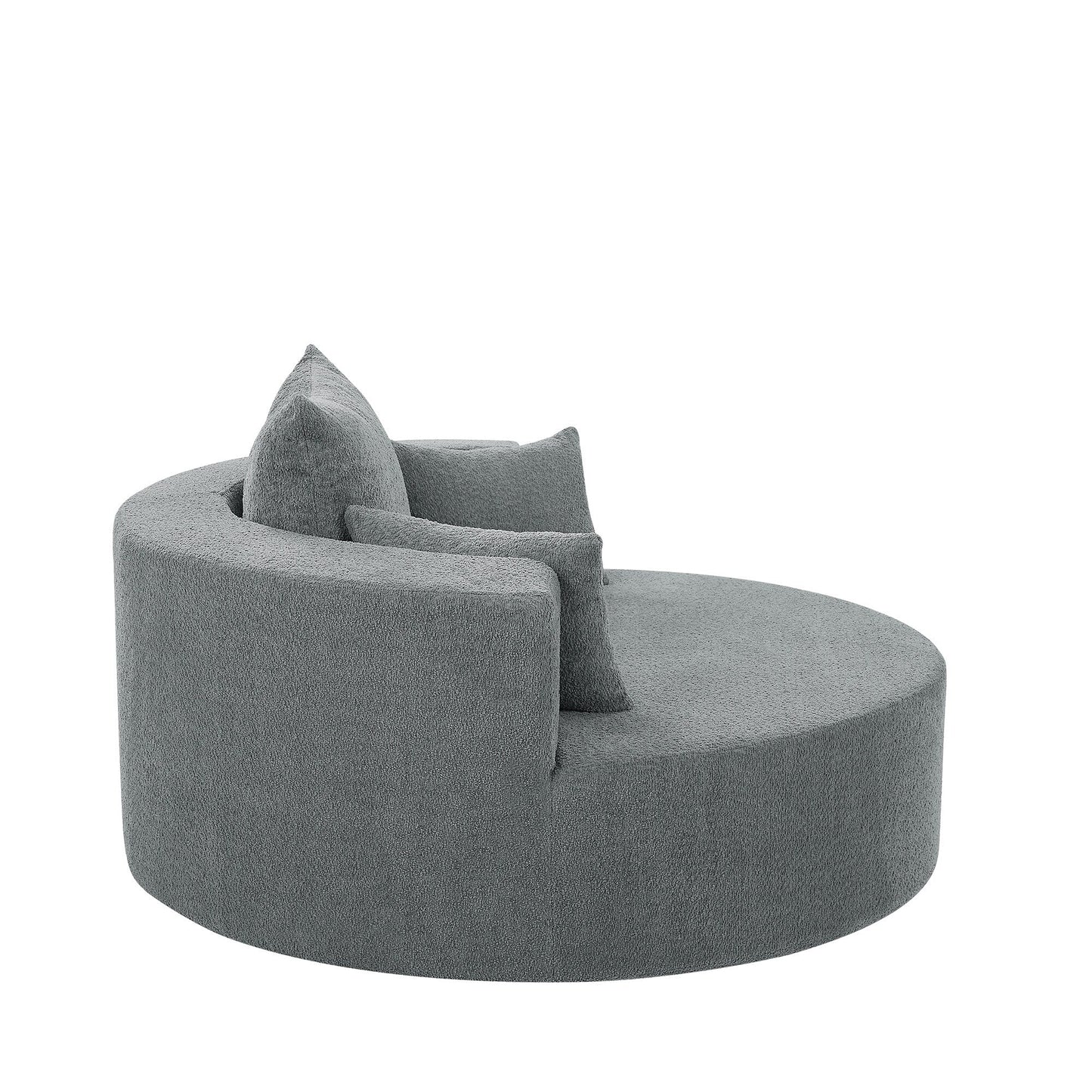 Fauteuil de salon en forme de tonneau avec accoudoirs, en chenille, avec base pivotante à 360 degrés et 3 coussins amovibles.