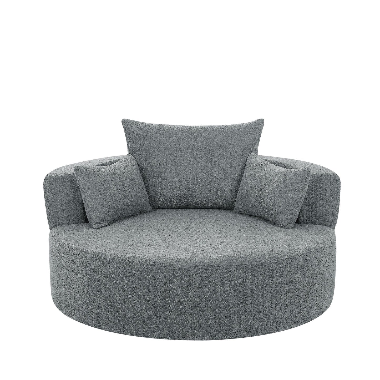 Fauteuil de salon en forme de tonneau avec accoudoirs, en chenille, avec base pivotante à 360 degrés et 3 coussins amovibles.