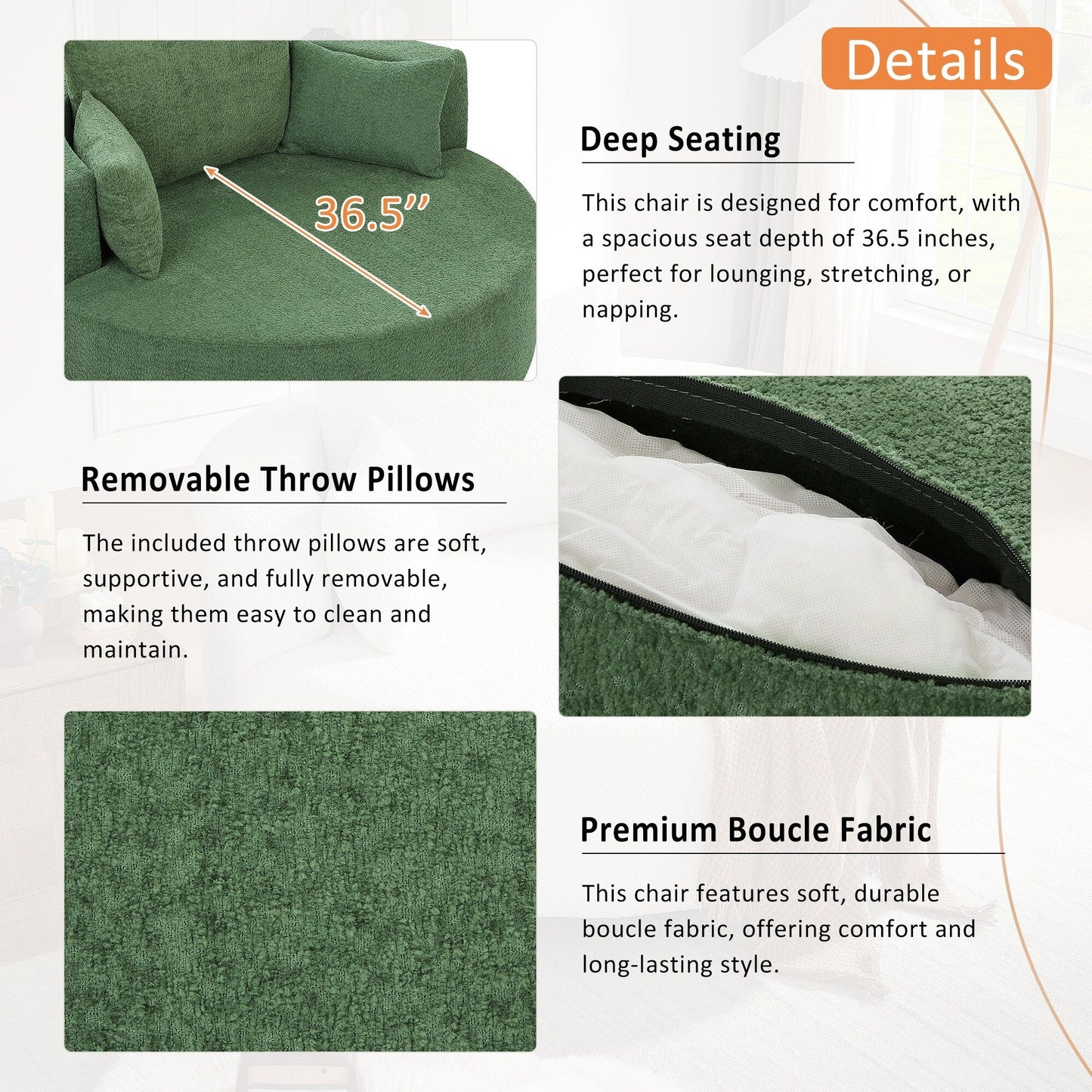 Fauteuil de salon en forme de tonneau avec accoudoirs, en chenille, avec base pivotante à 360 degrés et 3 coussins amovibles.