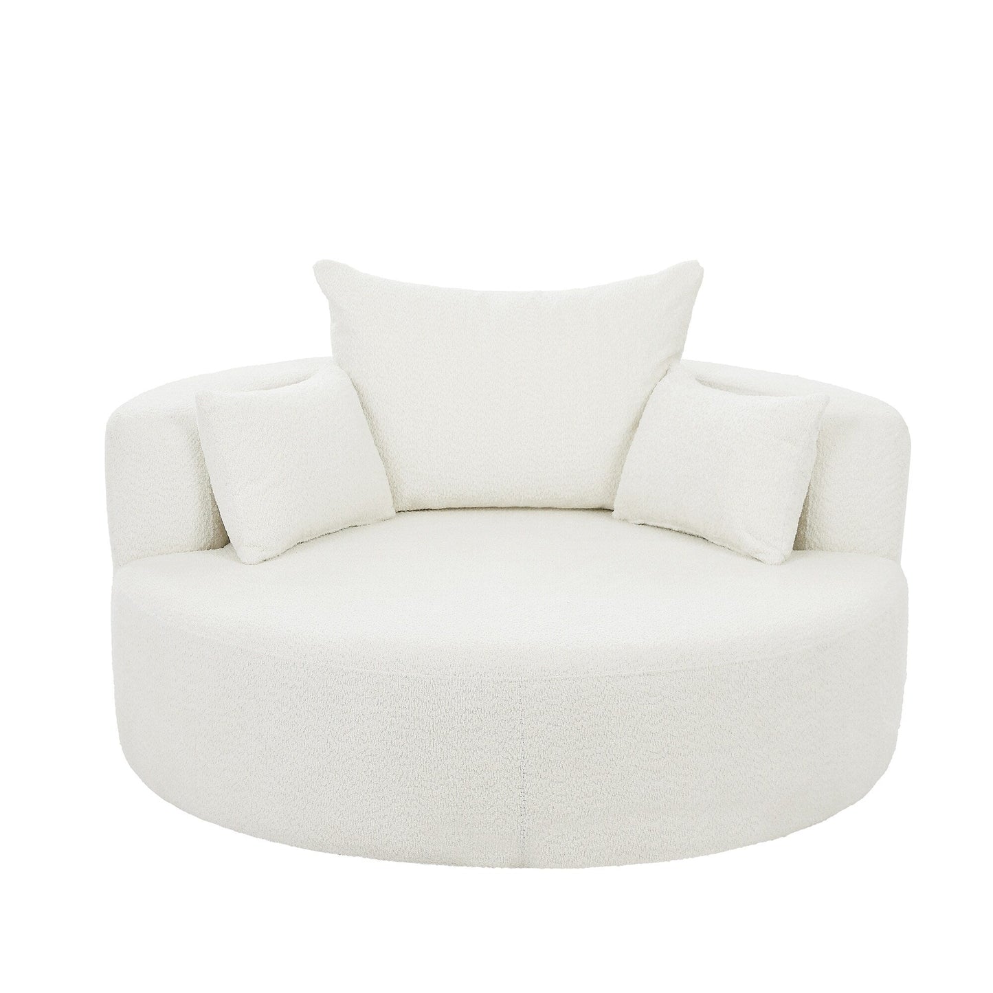 Fauteuil de salon en forme de tonneau avec accoudoirs, en chenille, avec base pivotante à 360 degrés et 3 coussins amovibles.