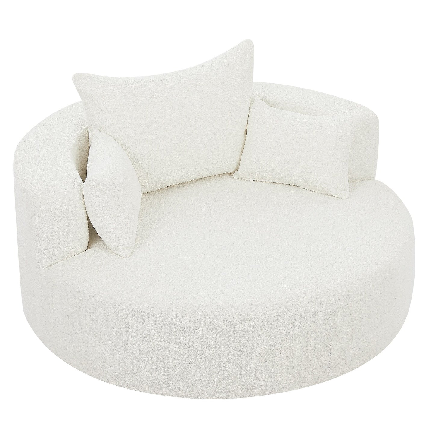 Fauteuil de salon en forme de tonneau avec accoudoirs, en chenille, avec base pivotante à 360 degrés et 3 coussins amovibles.