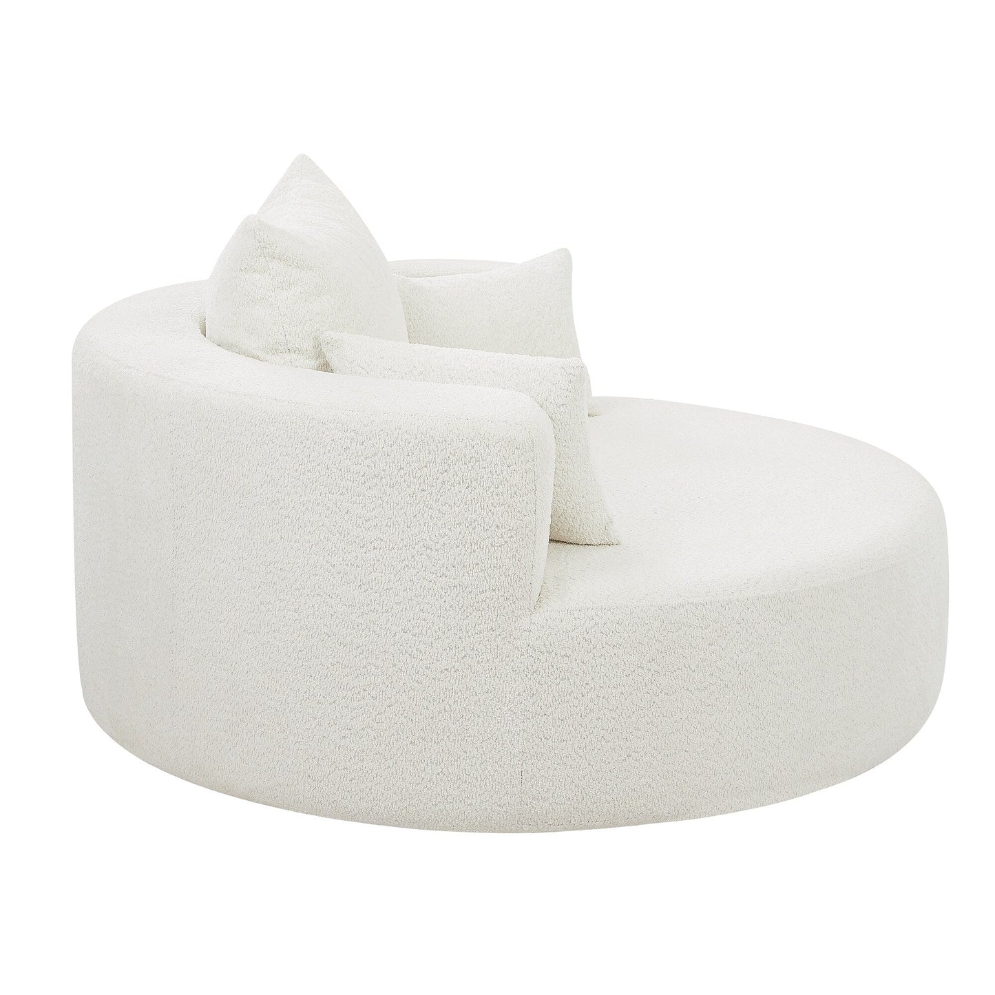 Fauteuil de salon en forme de tonneau avec accoudoirs, en chenille, avec base pivotante à 360 degrés et 3 coussins amovibles.