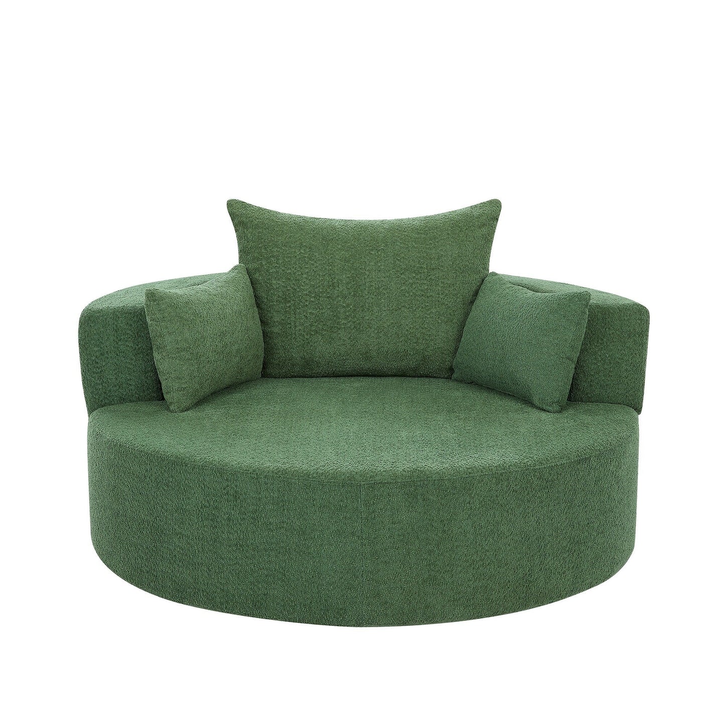Fauteuil de salon en forme de tonneau avec accoudoirs, en chenille, avec base pivotante à 360 degrés et 3 coussins amovibles.