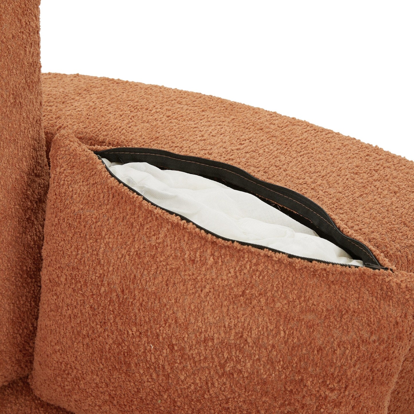 Fauteuil de salon en forme de tonneau avec accoudoirs, en chenille, avec base pivotante à 360 degrés et 3 coussins amovibles.